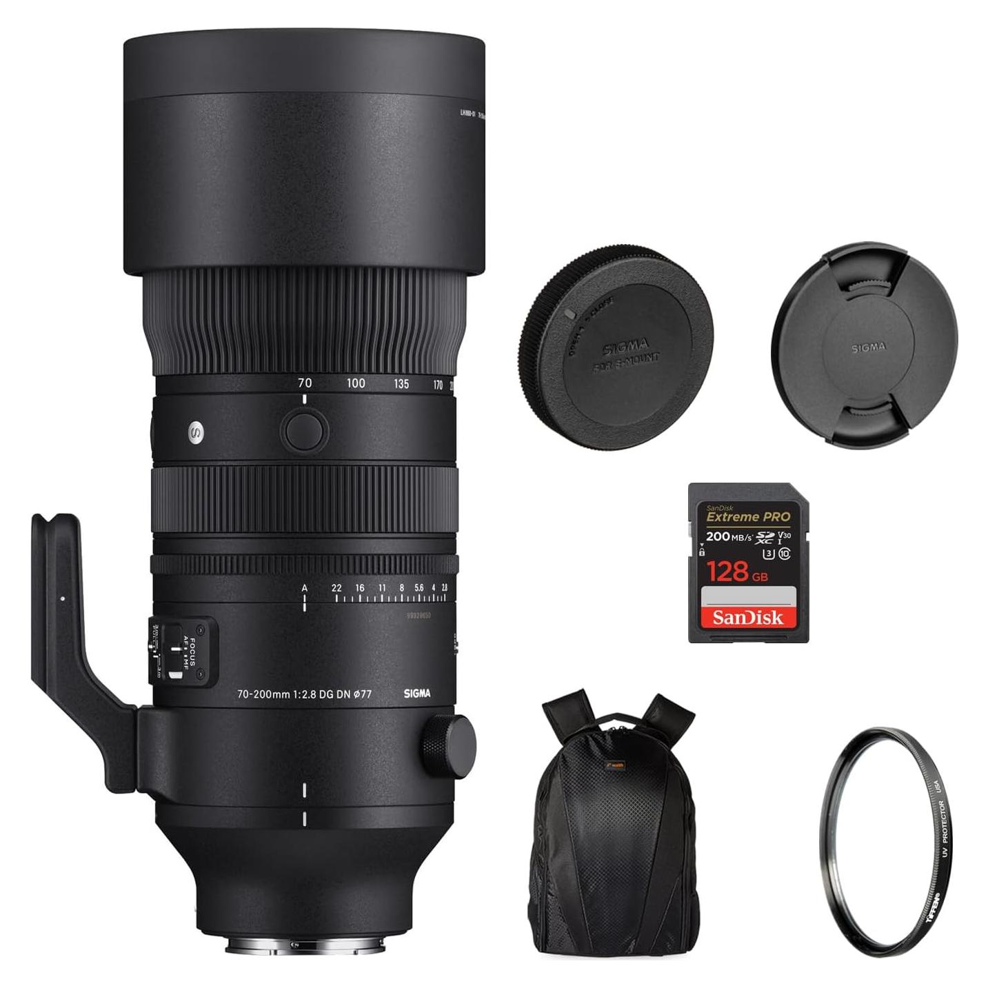 Lente Sigma 70-200mm f/2.8 DG DN OS para Sony E + Filtro UV 77mm + Tarjeta SD 128GB + Mochila