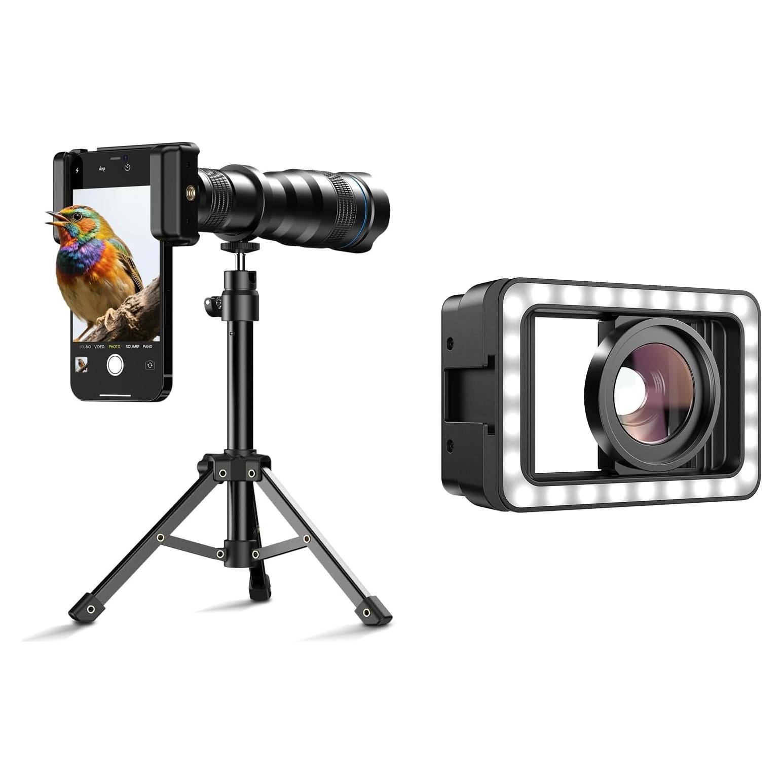 Lente Macro APEXEL 15X con Luz LED y Telefoto 36X para Móviles