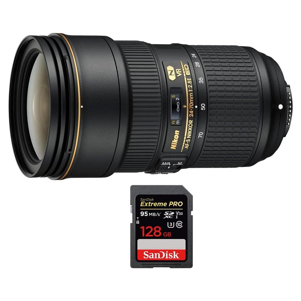 Lente Zoom Nikon 24-70mm f/2.8E ED VR para DSLR + Tarjeta 128GB