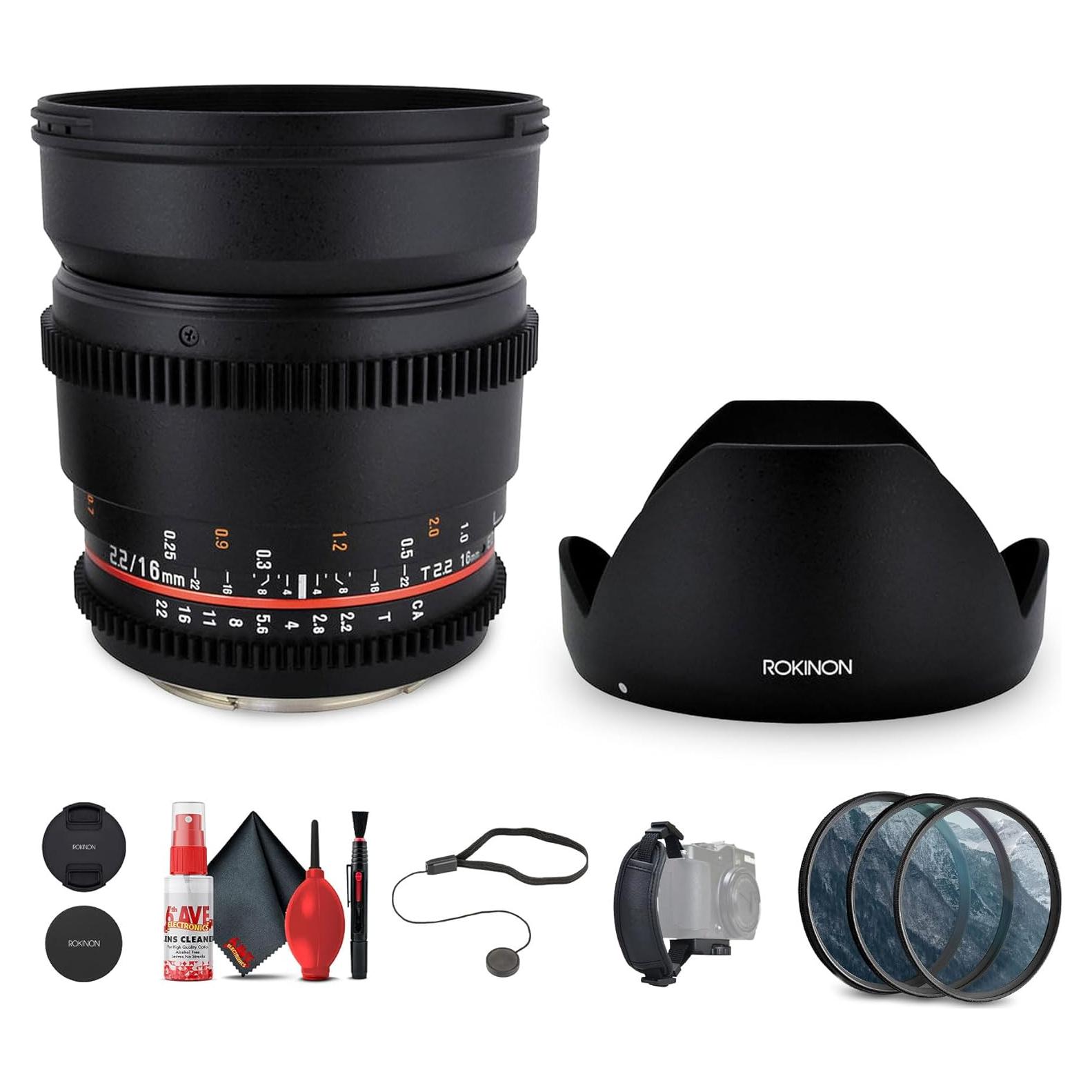 Lente Cine Rokinon 16mm T2.2 para Nikon F + Kit de Filtros