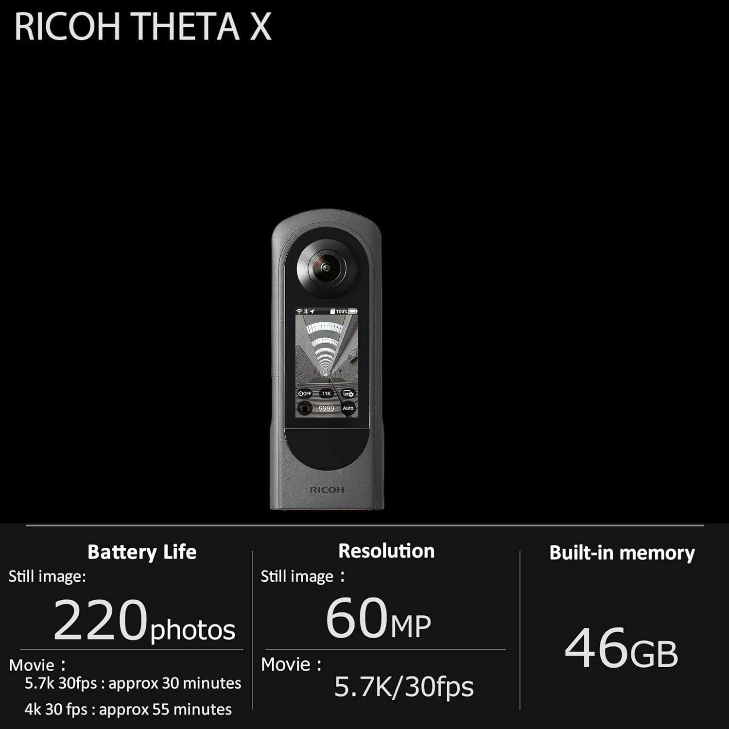 Theta X 360° Camera - 11K High-Resolution (60 Megapixels), 5.7K Video, OLED Touch Screen, Built-in GPS, Interchangeable Battery, External Memory