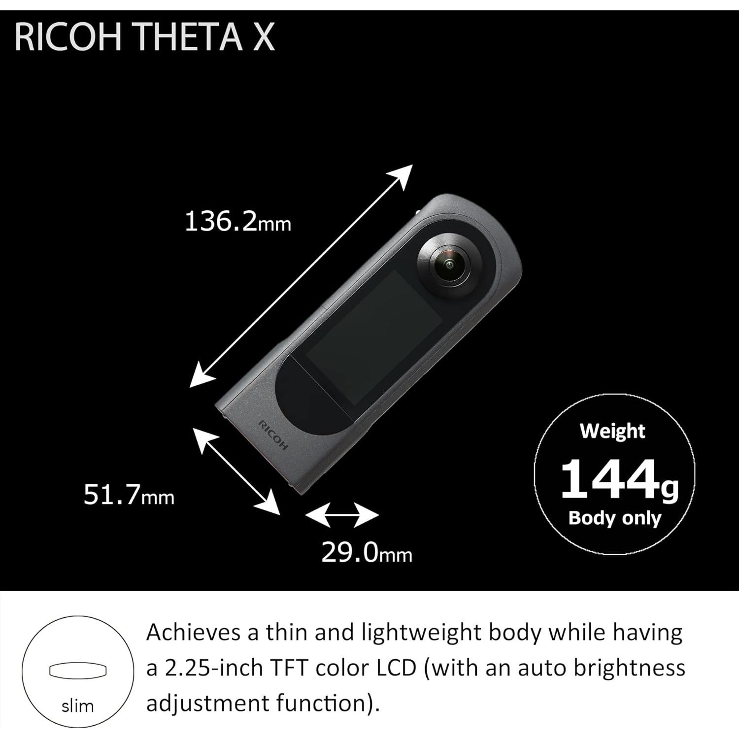 Theta X 360° Camera - 11K High-Resolution (60 Megapixels), 5.7K Video, OLED Touch Screen, Built-in GPS, Interchangeable Battery, External Memory