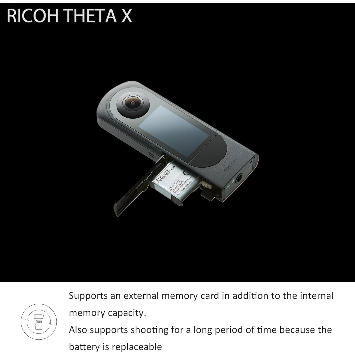 Theta X 360° Camera - 11K High-Resolution (60 Megapixels), 5.7K Video, OLED Touch Screen, Built-in GPS, Interchangeable Battery, External Memory