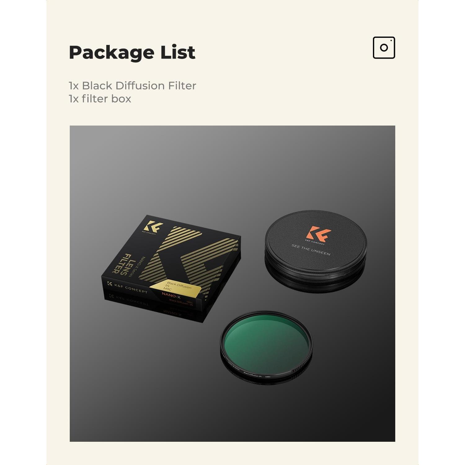 K&F CONCEPT 37mm Black Diffusion 1/4 Filter Mist Cinematic Effect Filter with 28 Multi-Layer Coatings Waterproof/Scratch Resistant for Video/Vlog/Portrait Photography