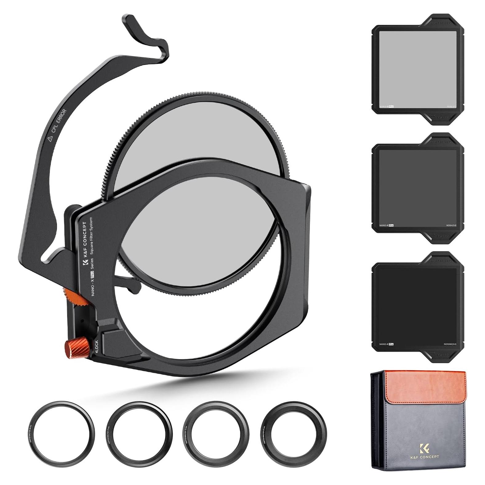 K&F CONCEPT X PRO Square Filter Holder System Kit (Filter Holder + 95mm Circular Polarizer + Square ND1000 Filter + ND8 + ND64 + 4 Filter Adapter Rings) for Camera Lens with36 Multi-Coated