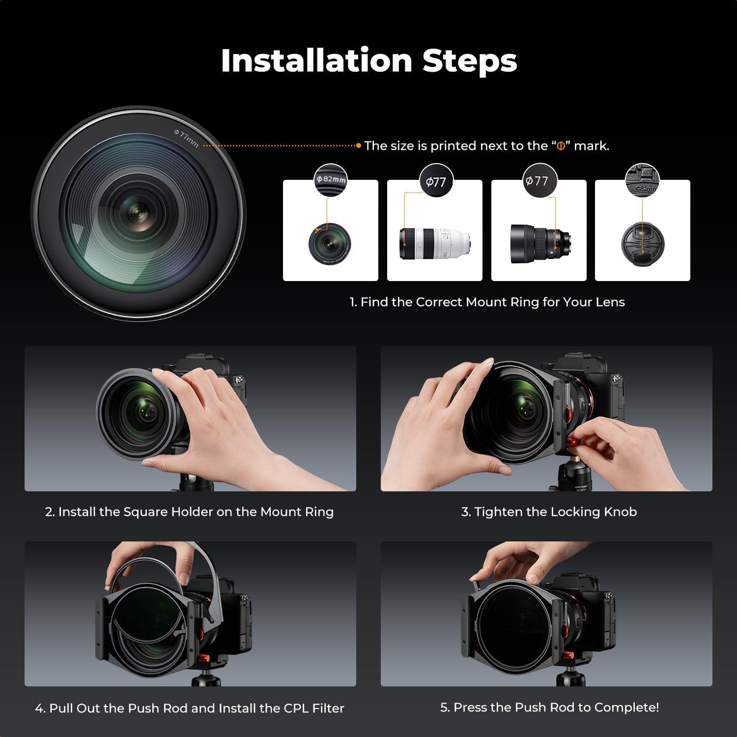 K&F CONCEPT X PRO Square Filter Holder System Kit (Filter Holder + 95mm Circular Polarizer + Square ND1000 Filter + ND8 + ND64 + 4 Filter Adapter Rings) for Camera Lens with36 Multi-Coated