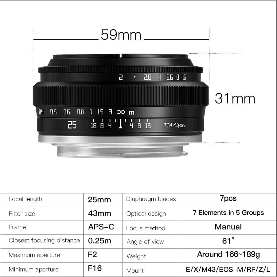 Lente TTArtisan 25mm F2 para Canon RF - Enfoque Manual