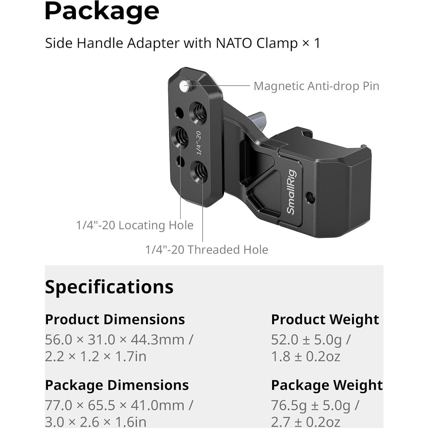 SmallRig Side Handle Extension Adapter Part with NATO Clamp, for NATO Rails, Cages with Built-in NATO Rails, Mounting Plates, with 1/4"-20 Threaded Holes and 1/4"-20 Locating Holes - 4458