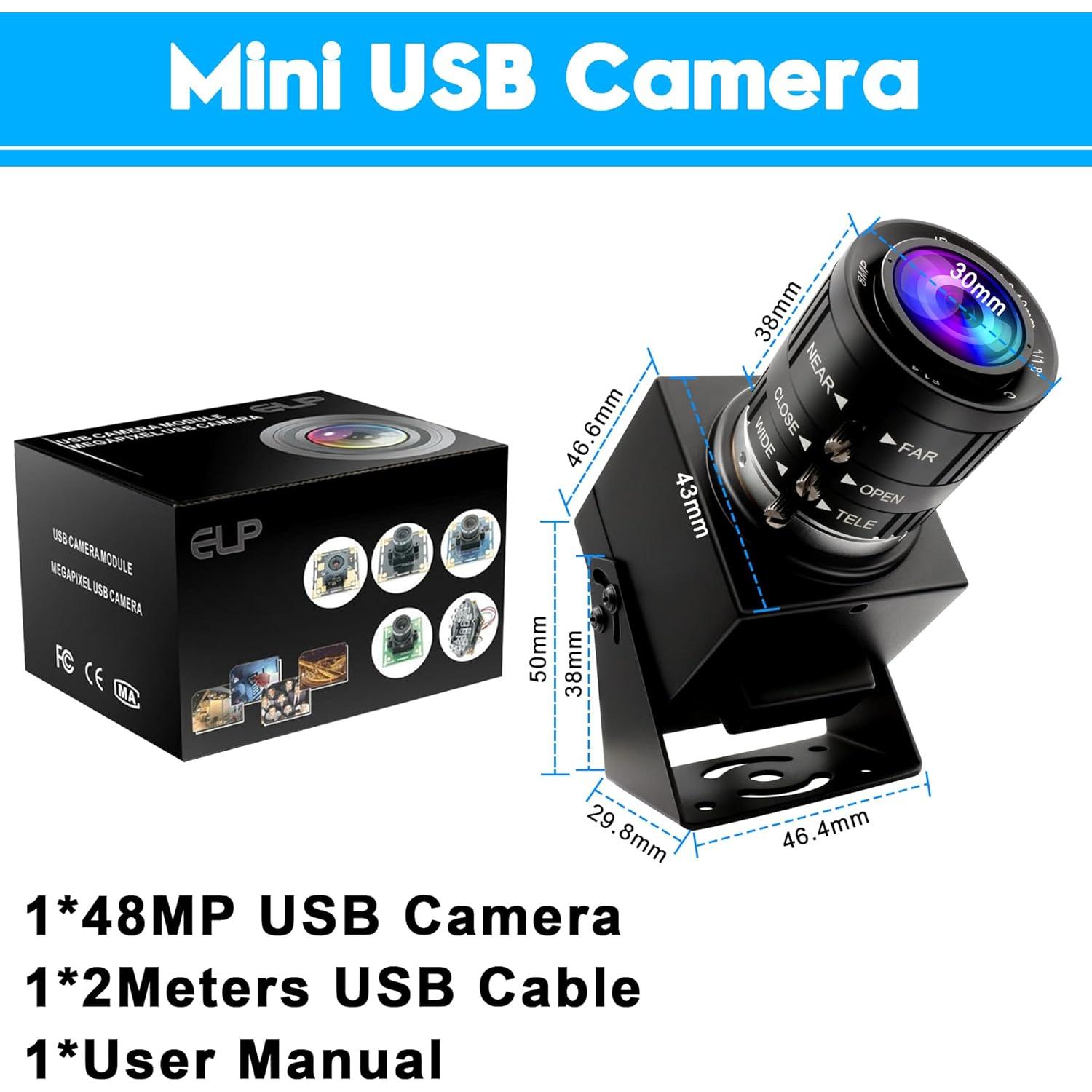 Cámara USB ELP 48MP con Zoom Manual 3X para PC y Raspberry Pi