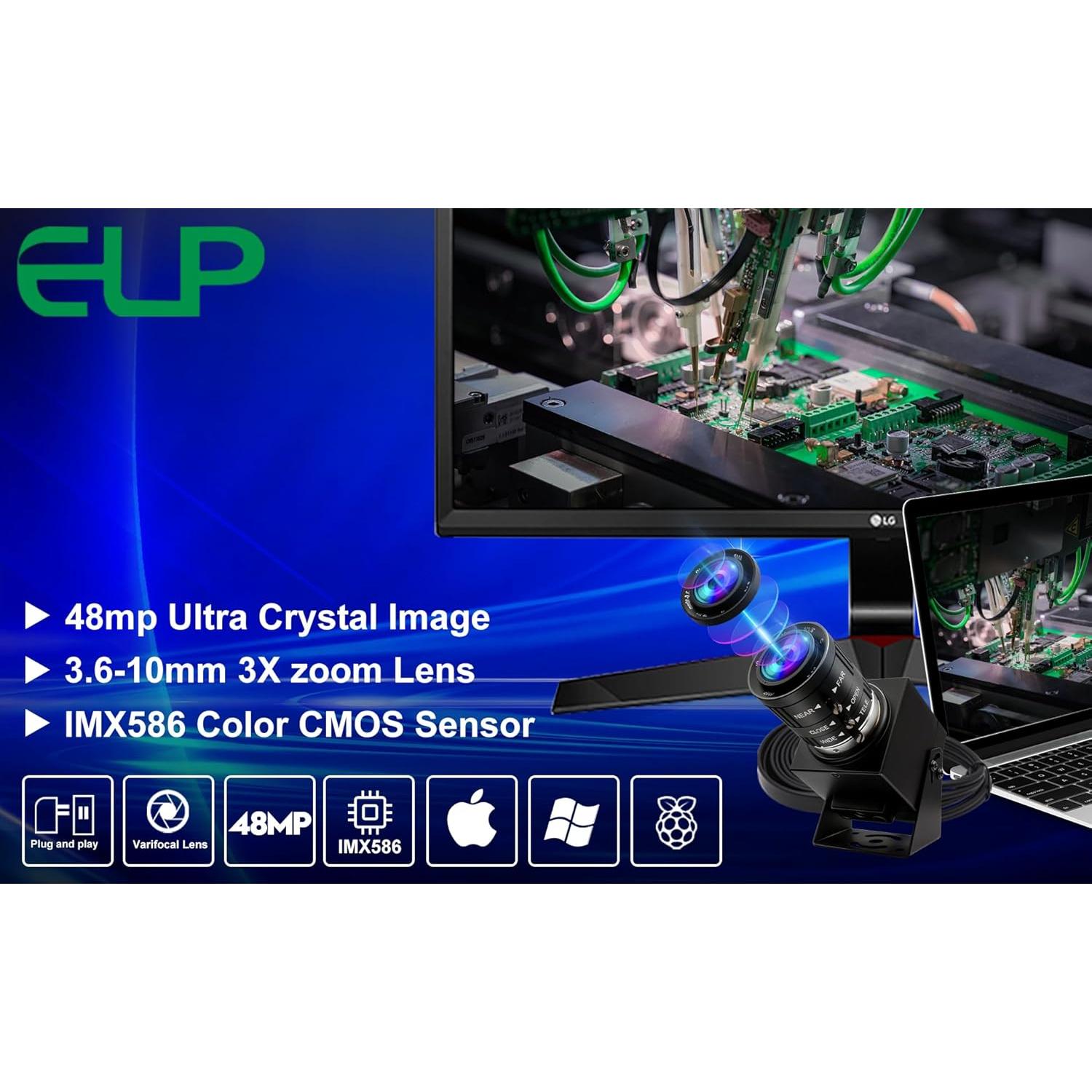 Cámara USB ELP 48MP con Zoom Manual 3X para PC y Raspberry Pi