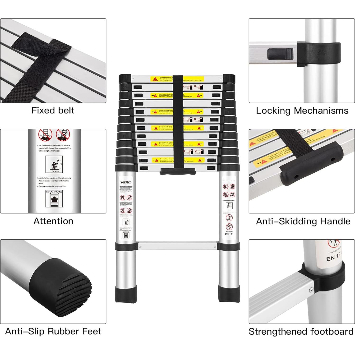 Escalera Telescópica de Aluminio YA MI 3.8M 150Kg Antideslizante