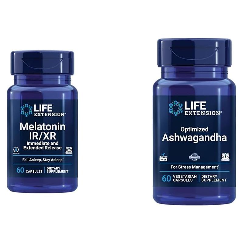 Suplemento Melatonina IR/XR y Ashwagandha Life Extension - 60 Cápsulas