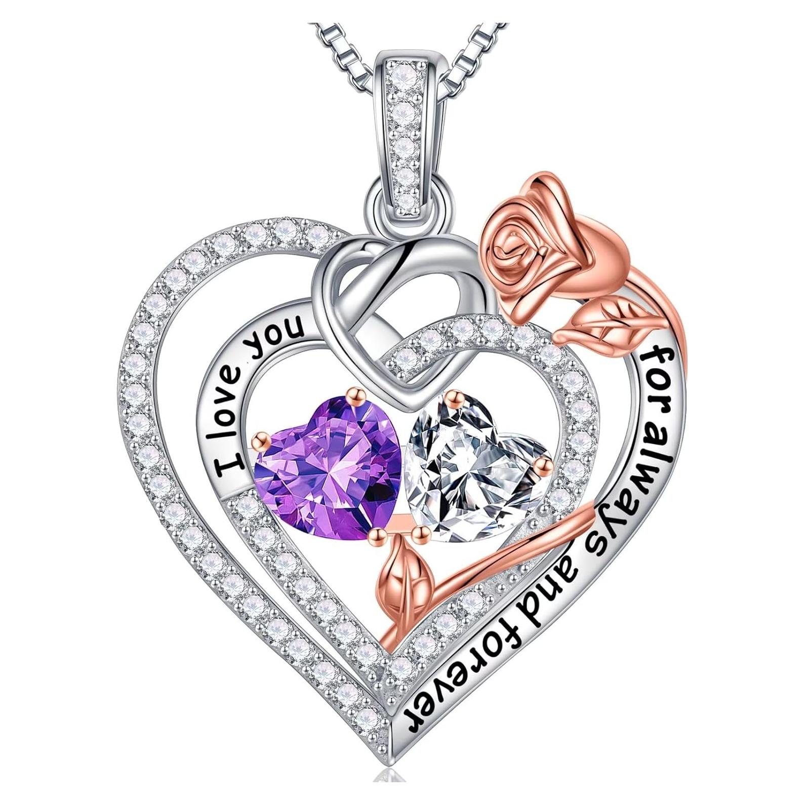 Collar Corazón Rosa Iefil Plata 925 Doble Piedra Nacimiento