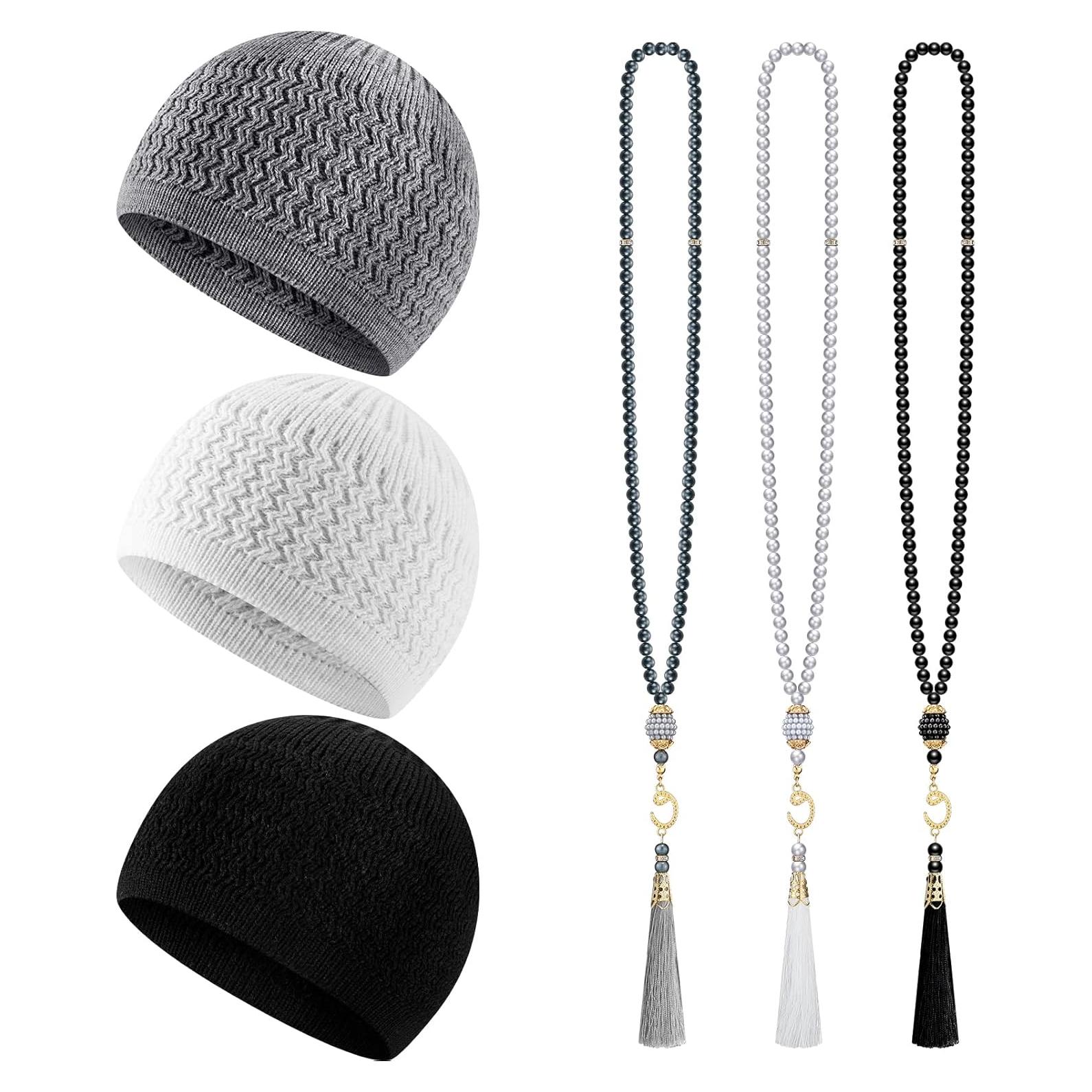 Conjunto de Gorras Kufi y Cuentas de Oración Musulmana Jiuguva