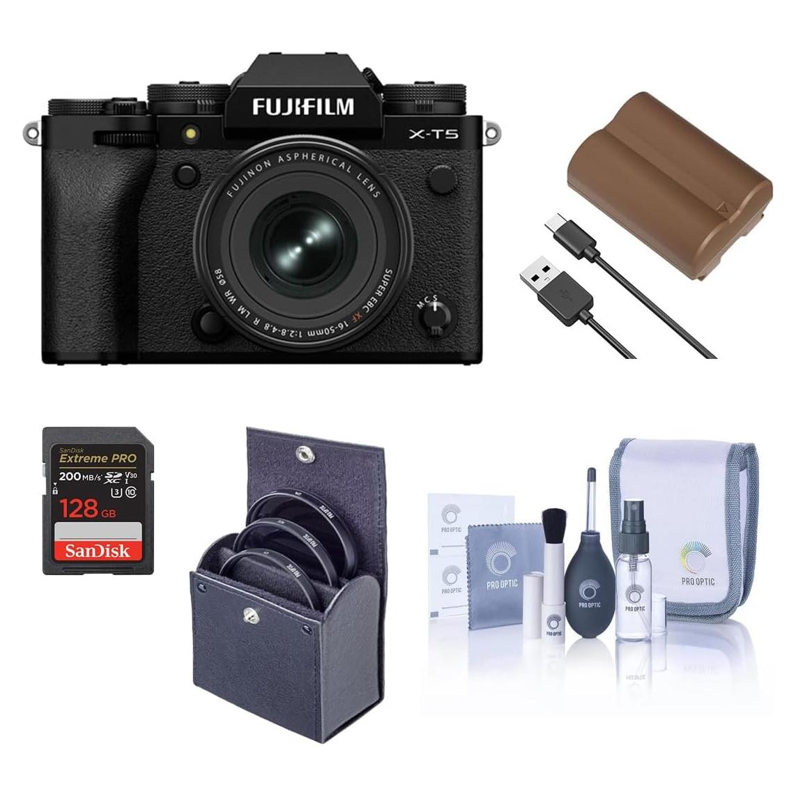 Fujifilm X-T5 Mirrorless Camera, Black with XF 16-50mm f/2.8-4.8 R LM WR Lens, Bundle with 128GB Memory Card, NP-W235 Battery, 72mm Filter Kit, Cleaning Kit