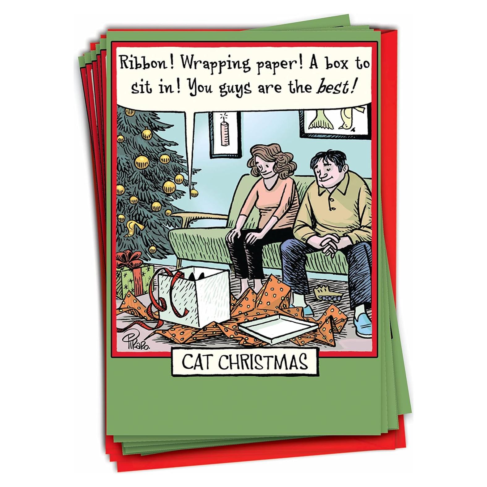 Caja de 12 Tarjetas de Navidad Humorísticas NobleWorks Gato