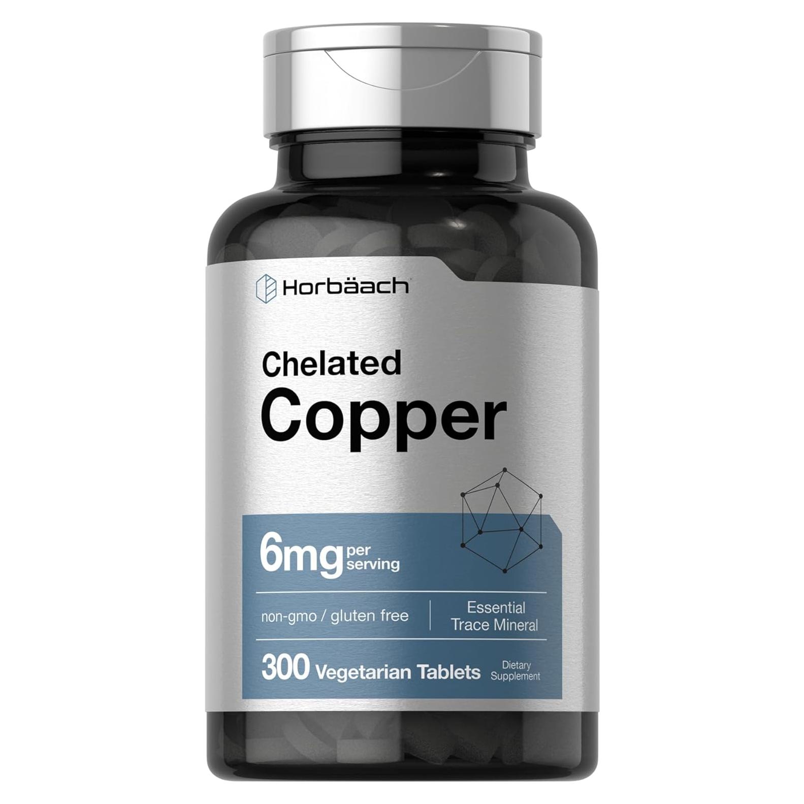 Suplemento de Cobre Quelado Horbaach 6mg - 300 Tabletas Vegetarianas