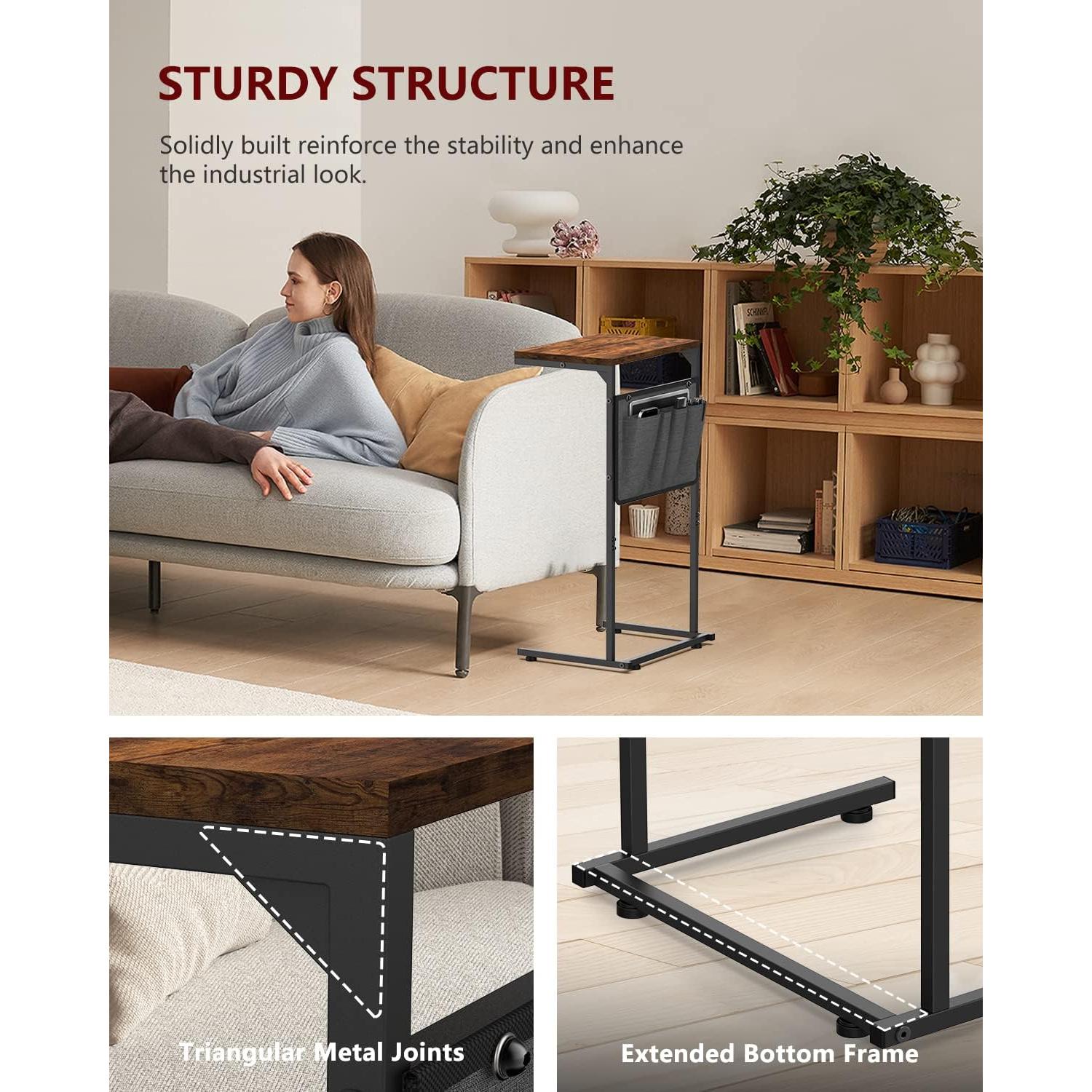 Mesa lateral en forma de C Vantic, marrón rústico, 68.58 cm