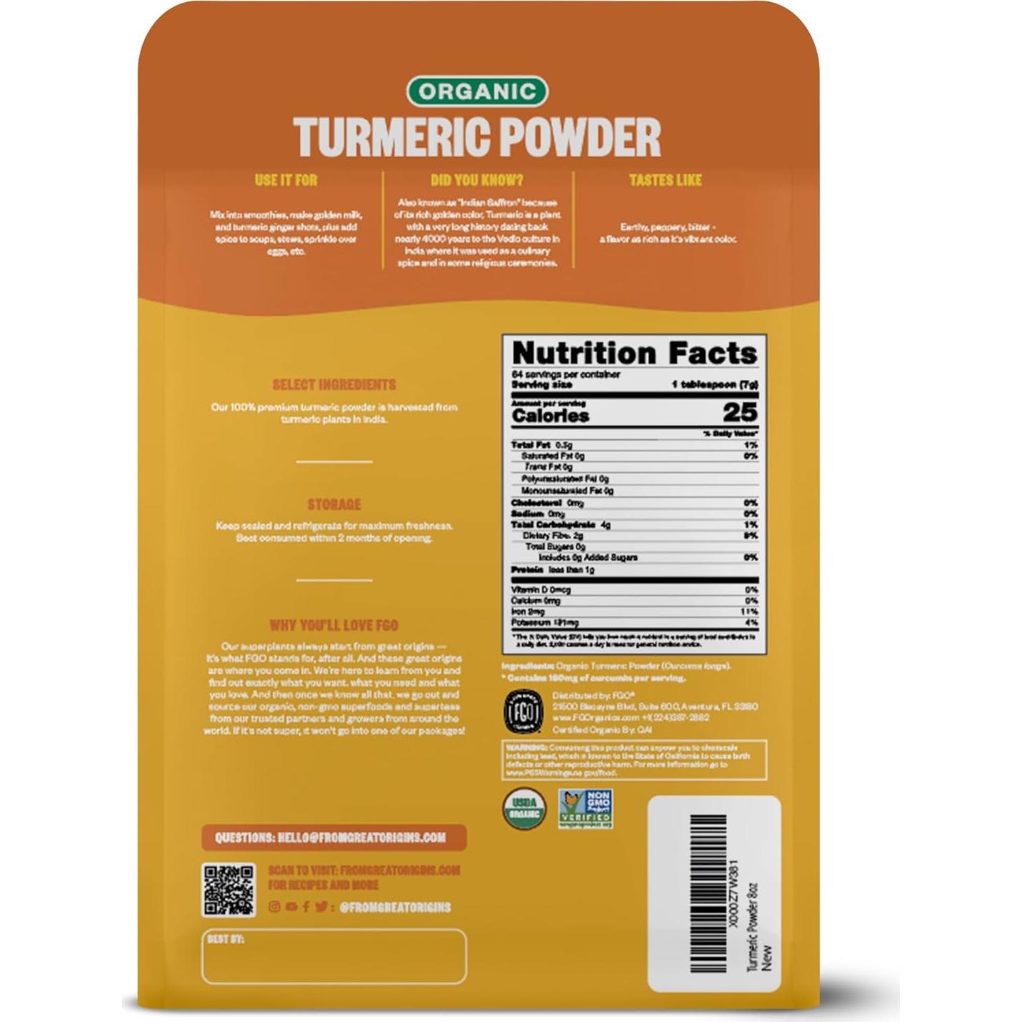 Polvo de Cúrcuma Orgánico FGO 226.8g Bolsa Reutilizable
