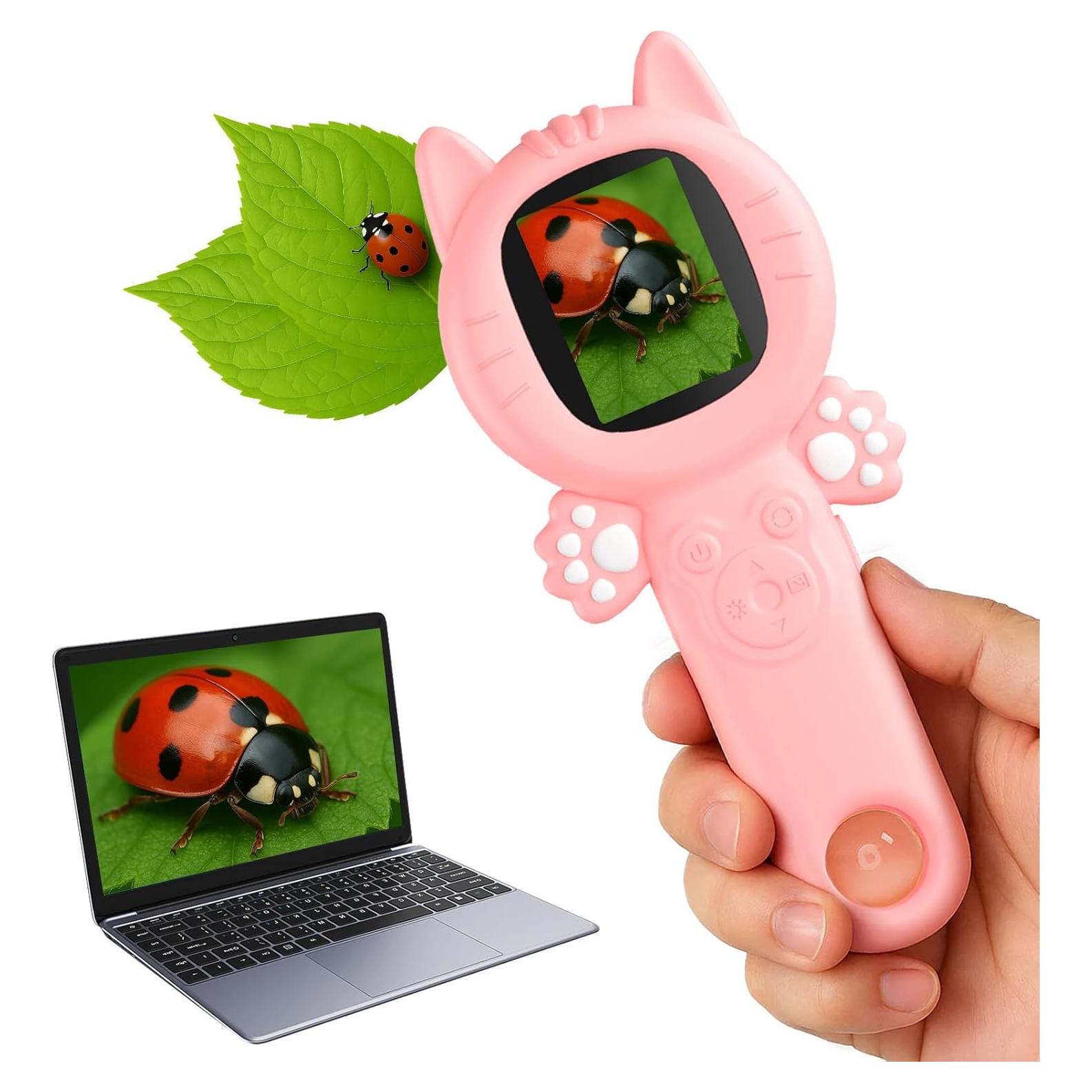 Microscopio Portátil 2-en-1 para Niños Gato Rosa 500x