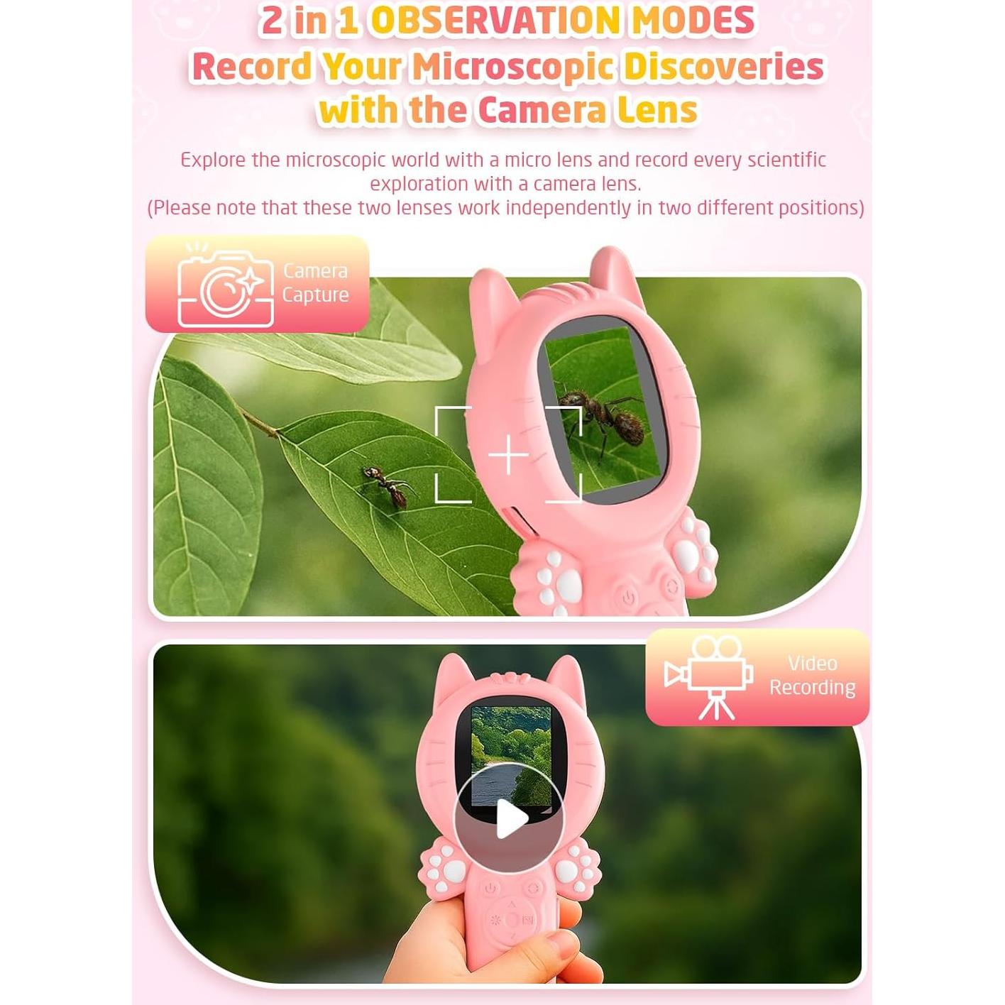Microscopio Portátil 2-en-1 para Niños Gato Rosa 500x