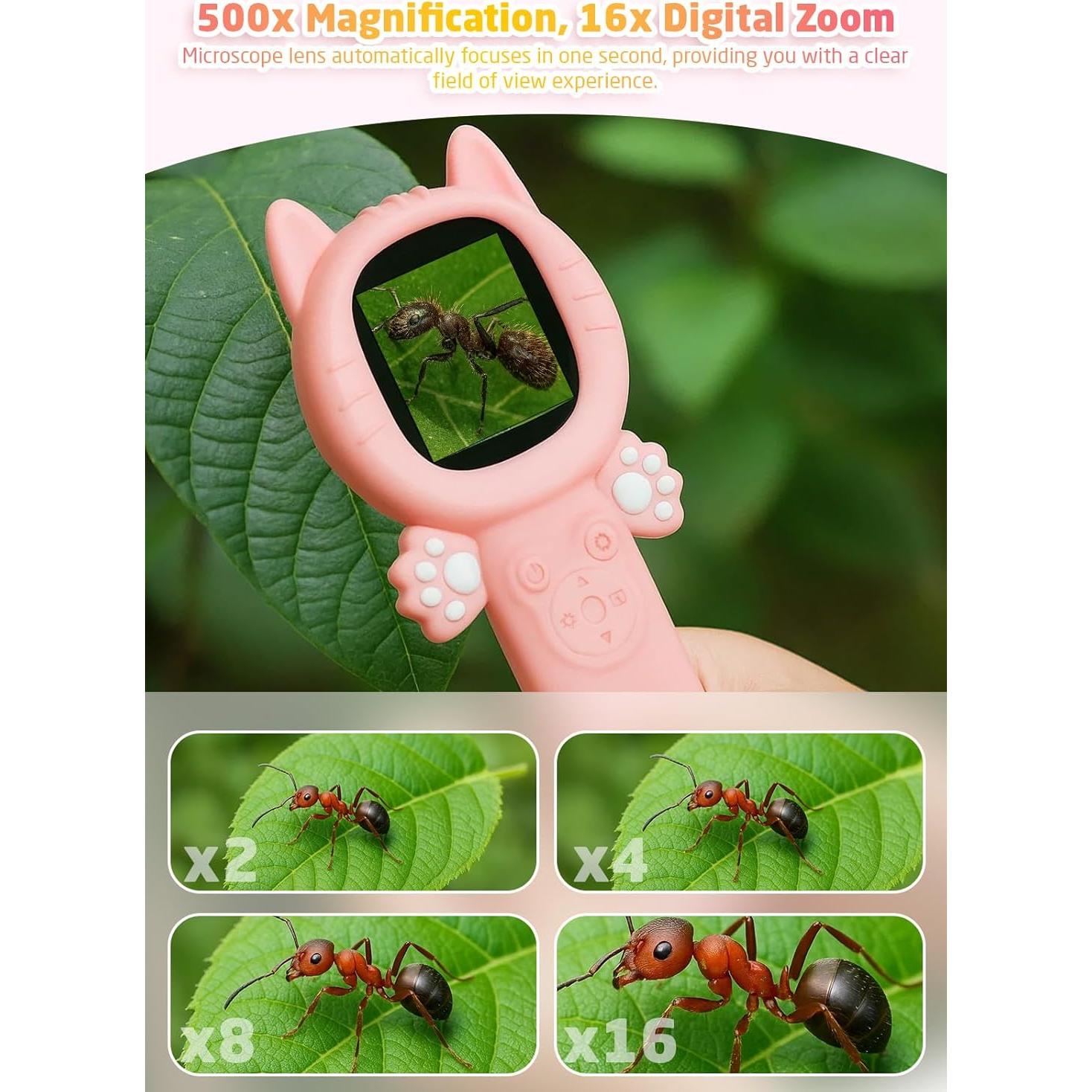 Microscopio Portátil 2-en-1 para Niños Gato Rosa 500x