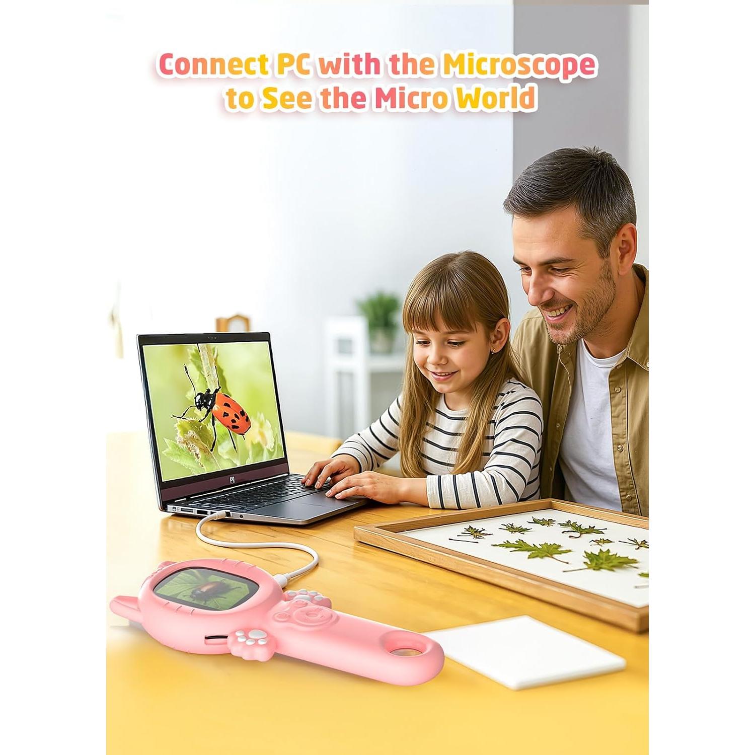 Microscopio Portátil 2-en-1 para Niños Gato Rosa 500x