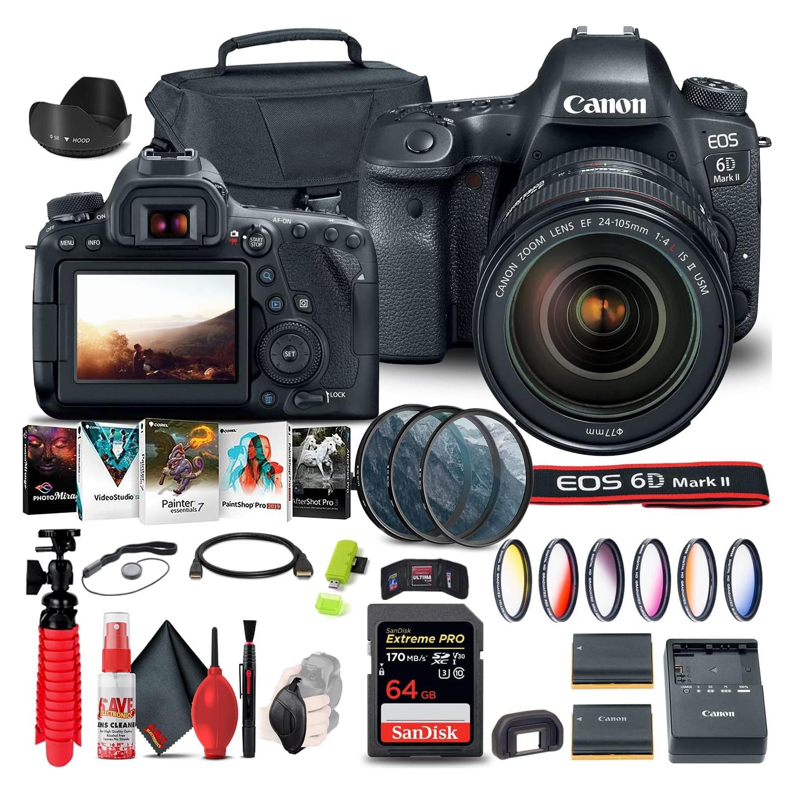 Canon EOS 6D Mark II DSLR Camera with 24-105mm f/4L II Lens (1897C009), 64GB Memory Card, Color Filter Kit, Case, Filter Kit, Corel Photo Software, LPE6 Battery, Card Reader + More (Renewed)