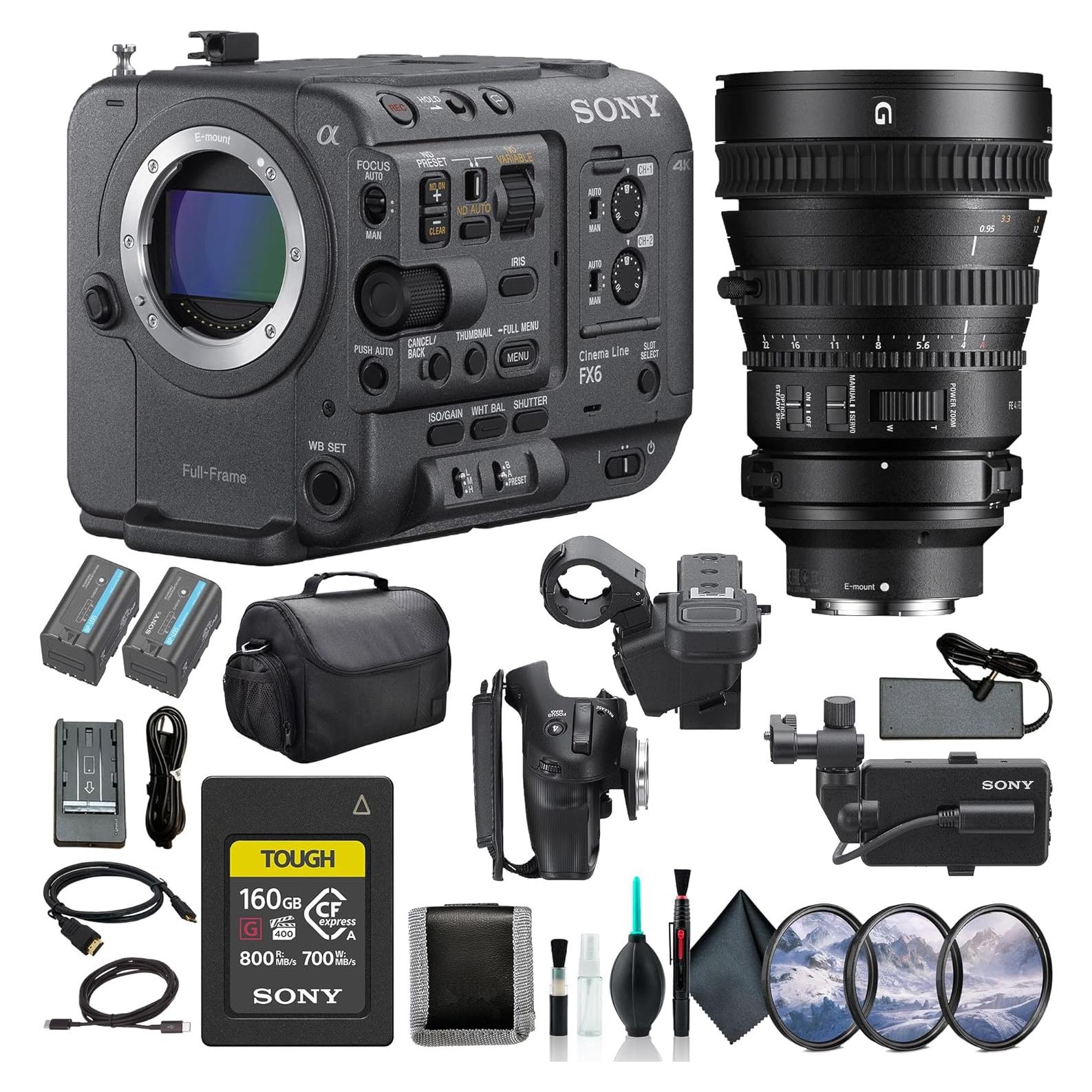 FX6 Full-Frame Cinema Camera Body Only ILME-FX6V, Sony FE PZ 28-135mm Lens SELP28135G, 160GB Memory Card, BP-U35 Battery, Filter Kit, Bag, Memory Card Wallet, Cap Keeper, and More