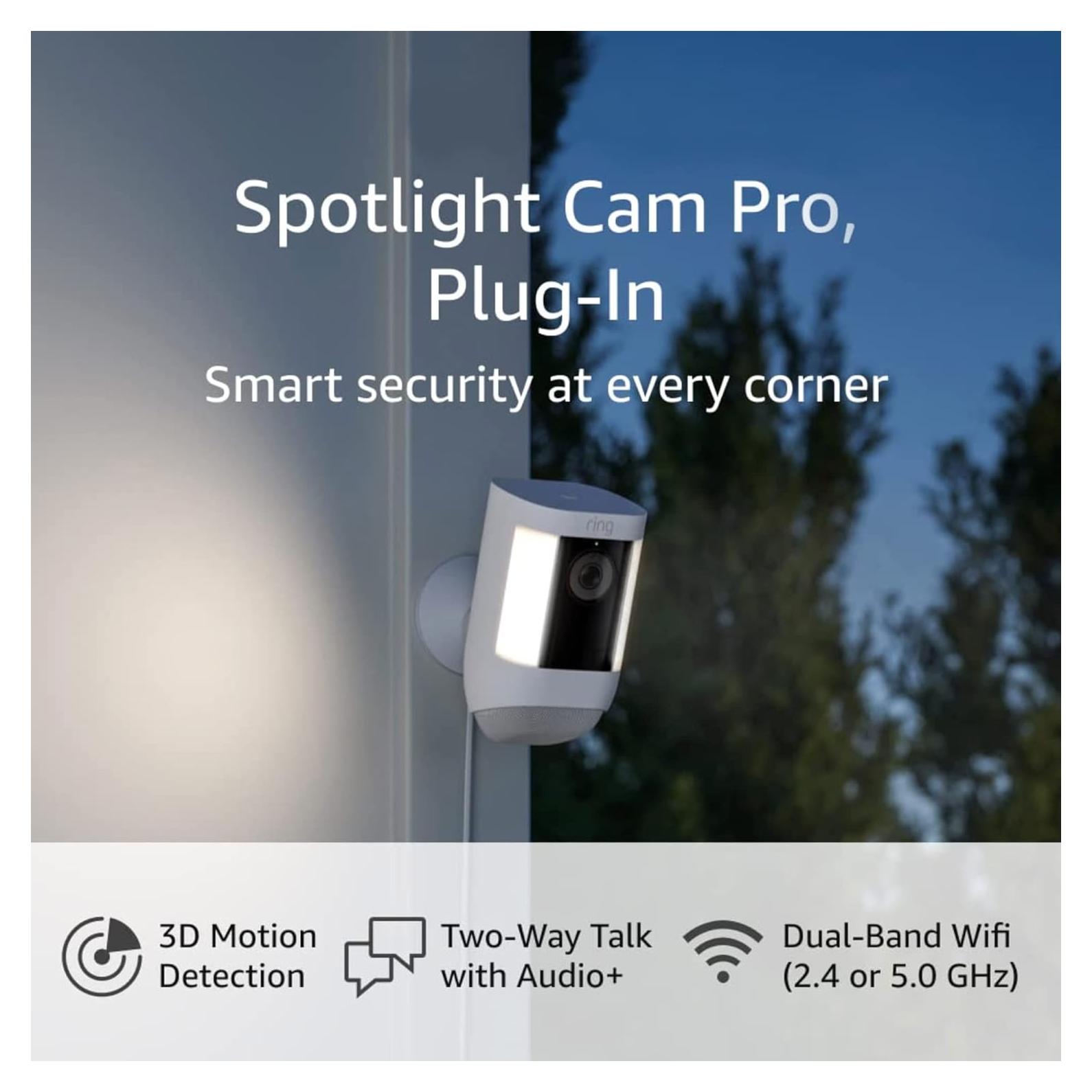 Like-New Ring Spotlight Cam Pro, Plug-In | 3D Motion Detection, Two-Way Talk with Audio+, and Dual-Band Wifi (2022 release) - White