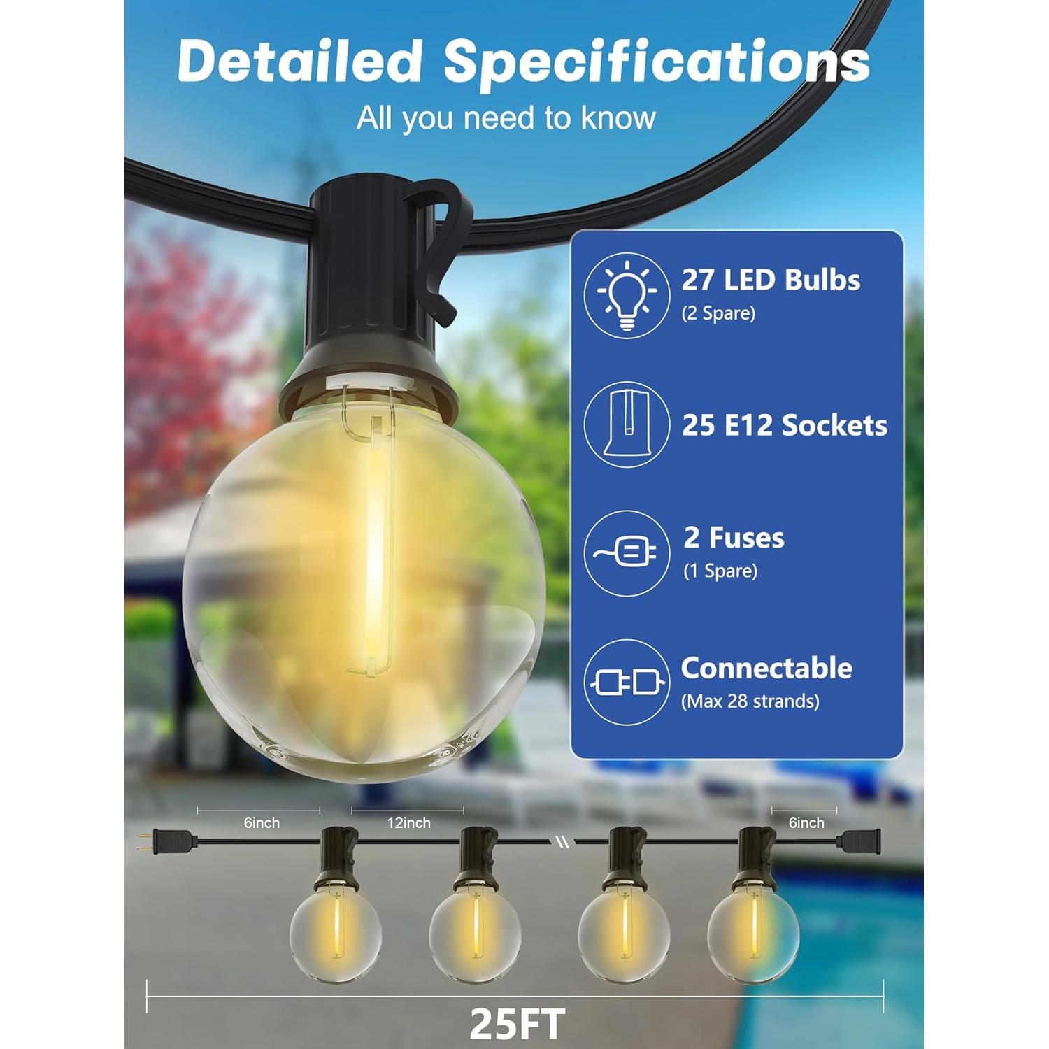 Luces de Cuerda LED G40 SUNSGNE 7.62m 25 Bombillas E12