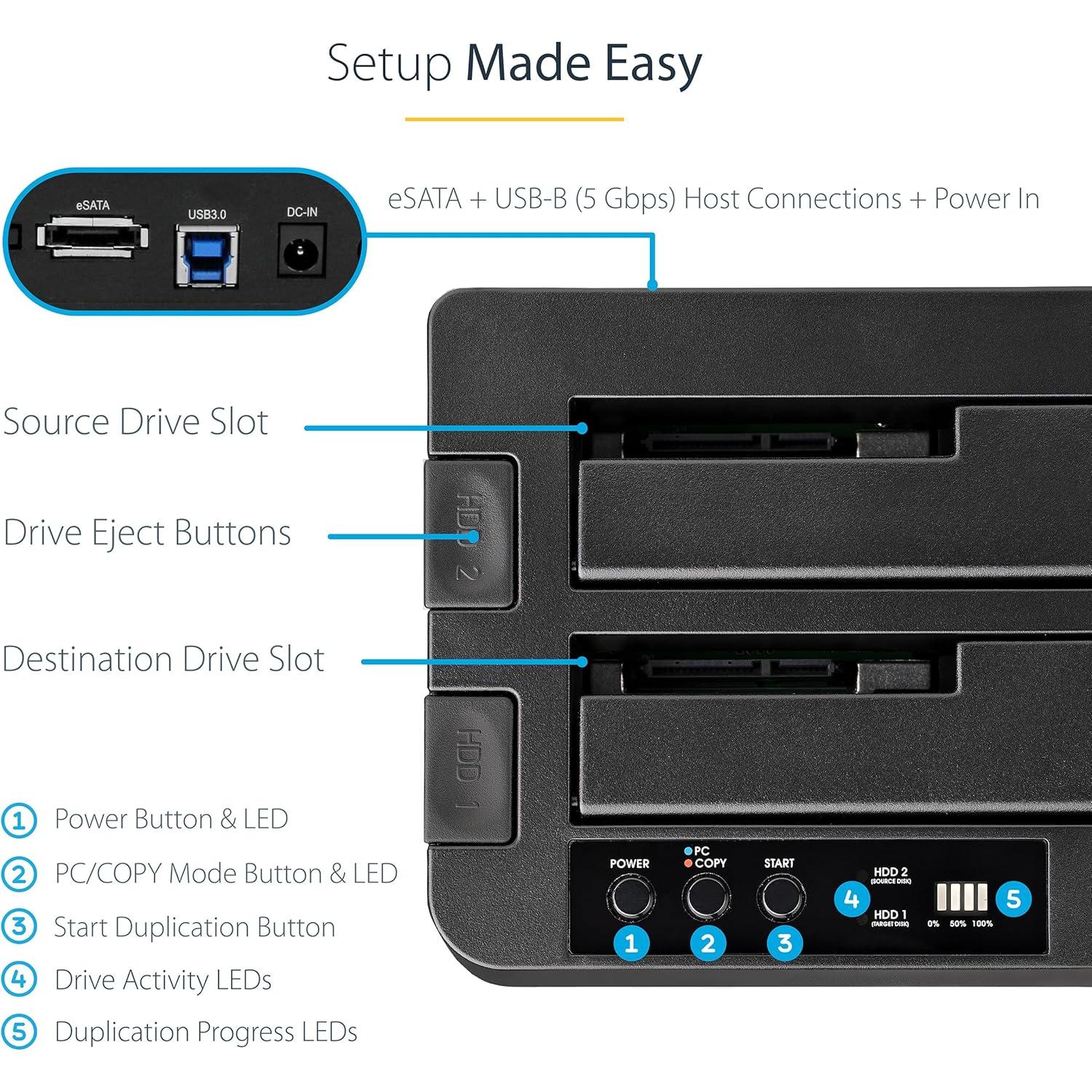 Duplicador de Disco Duro StarTech.com 2 Bahías USB 3.0 eSATA