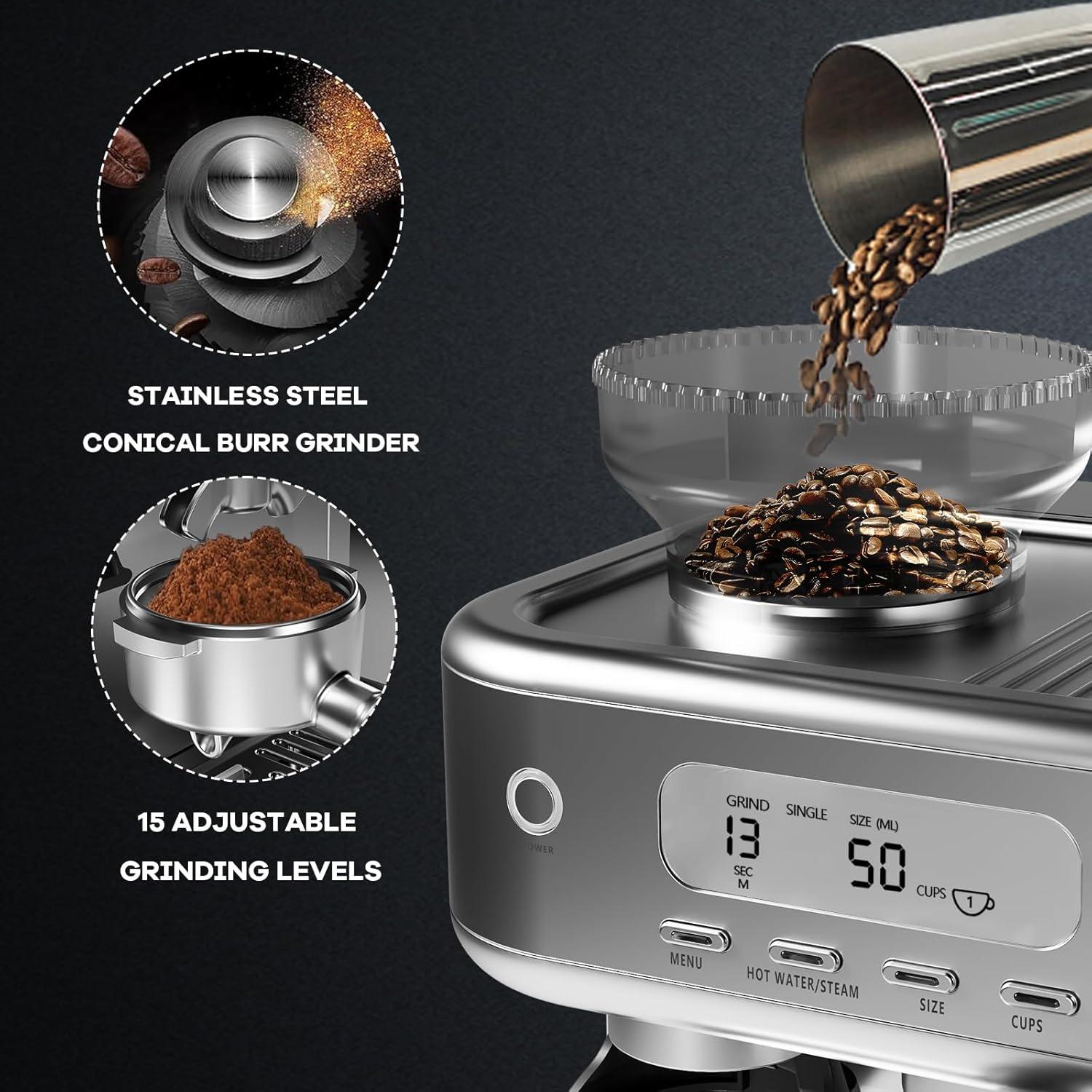 Máquina de Espresso GarveeHome 1350W con Molinillo y Espumador 2.3L