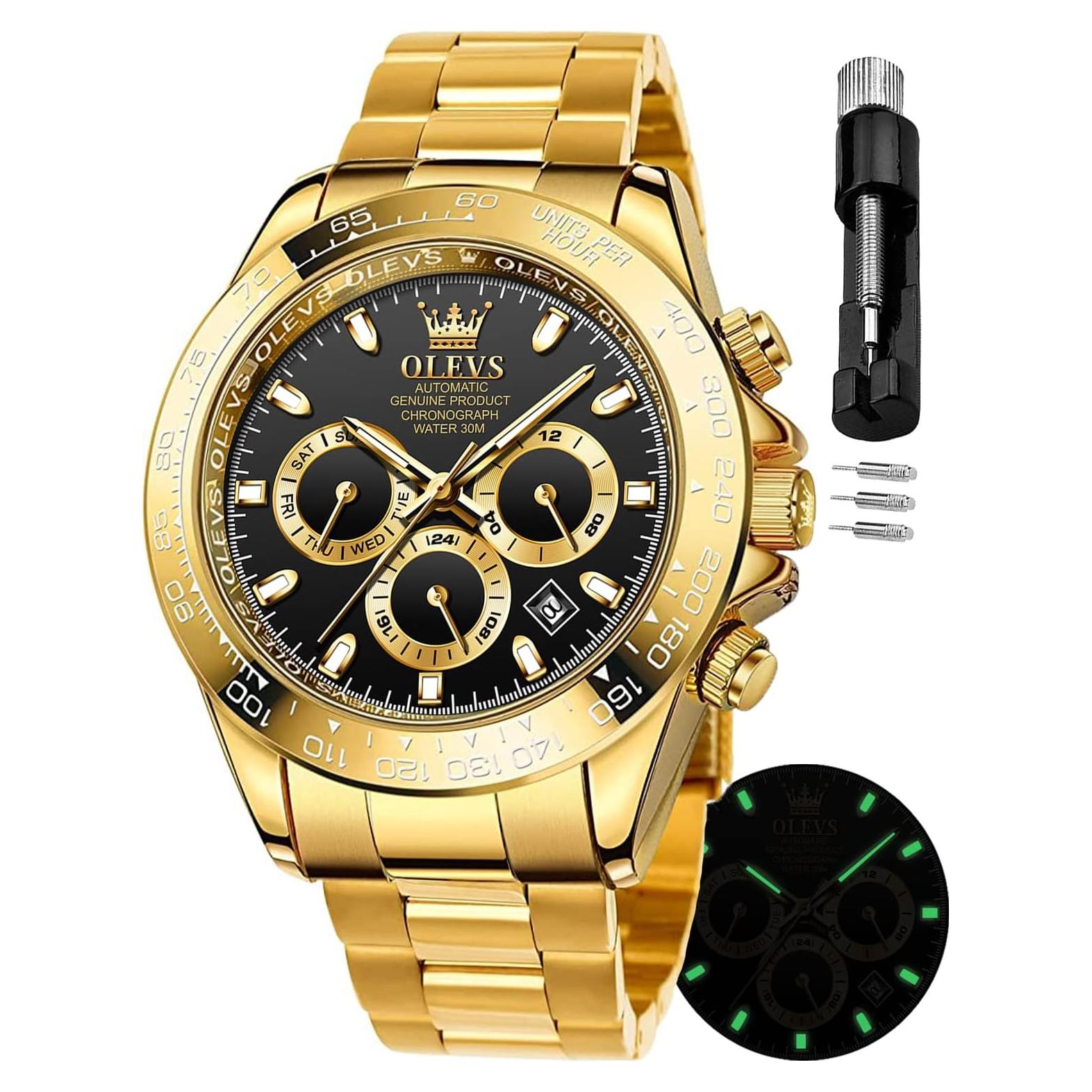 Reloj automático OLEVS de lujo para hombres, acero inoxidable, oro