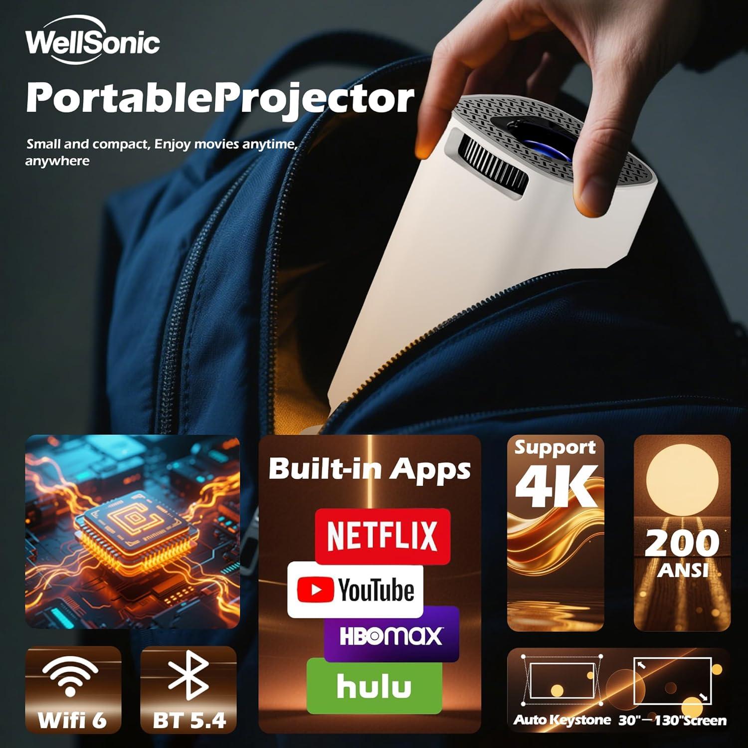 Mini Proyector Portátil WellSonic P30 Pro 4K WiFi Bluetooth