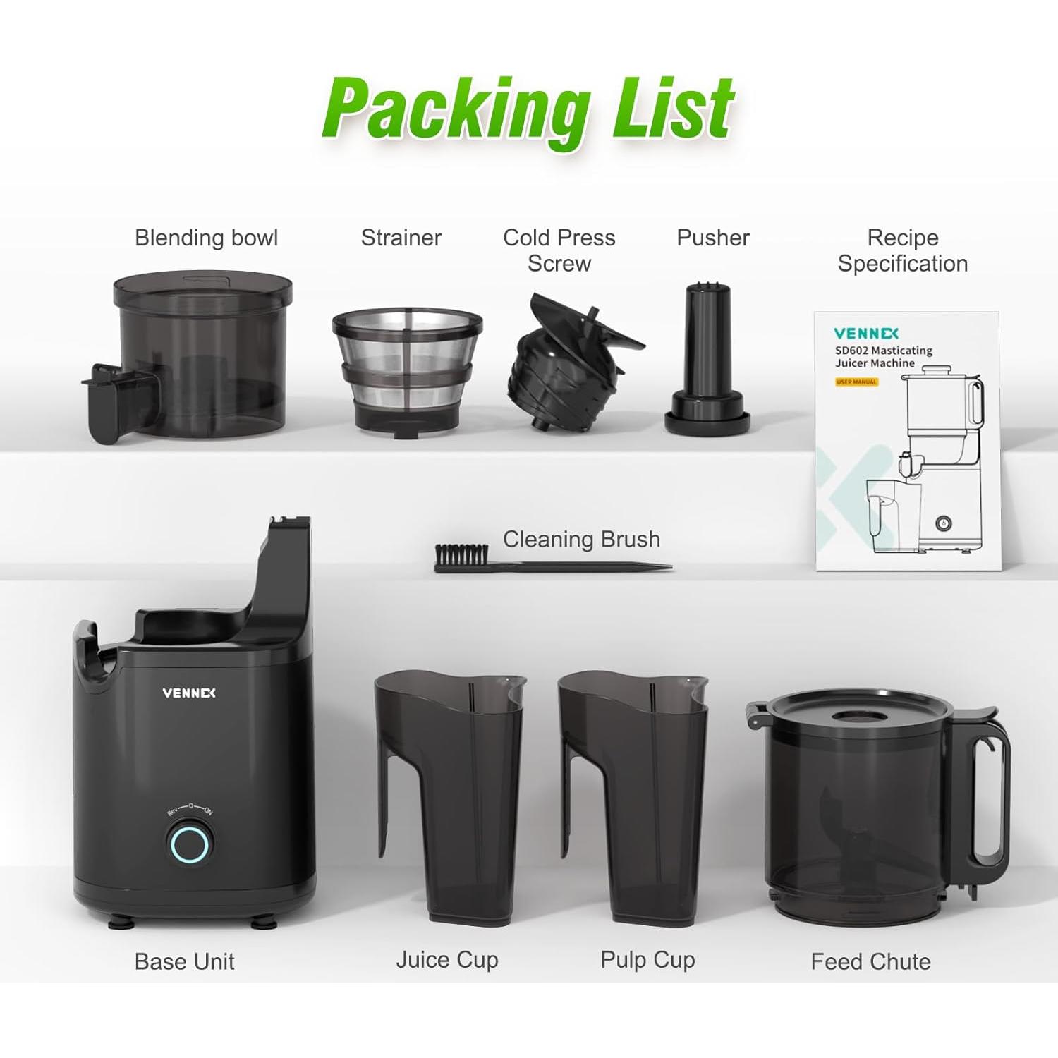 Exprimidor de Prensa en Frío VENNEX 50 oz Negro Doble Tornillo