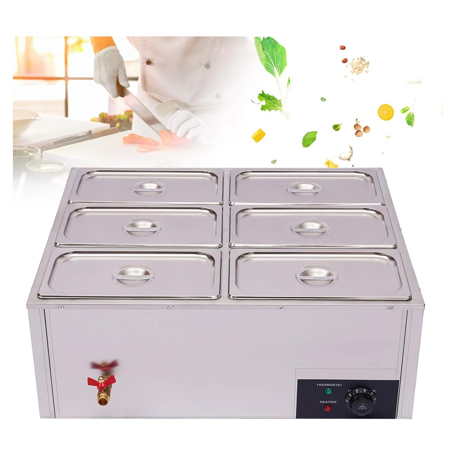 Calentador de Comida Bain Marie 6 Panes Acero Inoxidable 850W