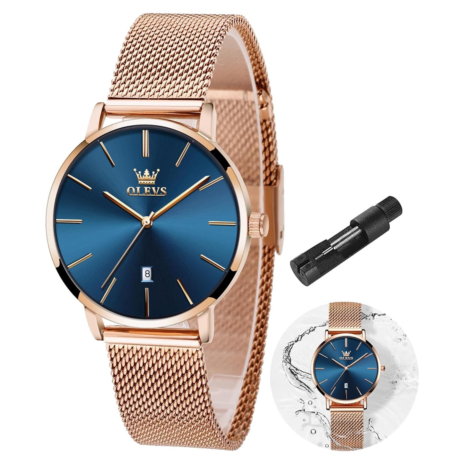 Reloj de Mujer OLEVS Lujo Oro Rosa Esfera Azul 33mm