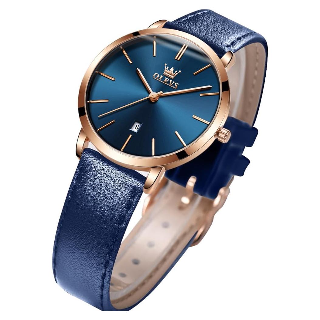 Reloj de Pulsera OLEVS para Mujer Cuero Azul Marino Minimalista