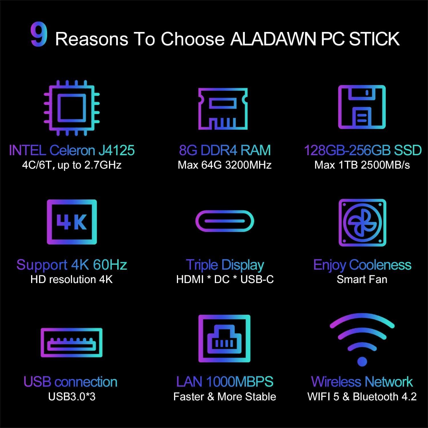 Mini PC Stick ALADAWN S7 J4125 8GB RAM 128GB SSD Windows 11 Pro