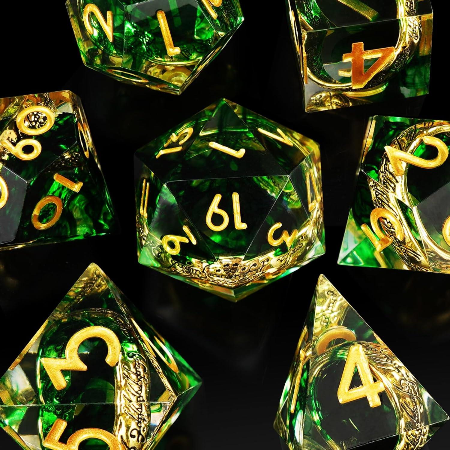 Conjunto de Dados Poliedricos EZUO 7pcs Verde Anillo Dorado