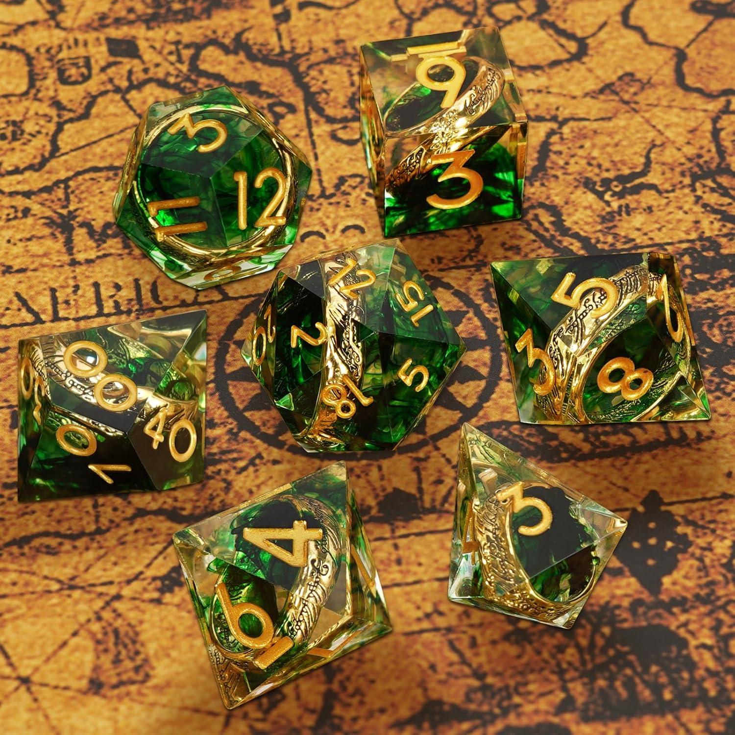 Conjunto de Dados Poliedricos EZUO 7pcs Verde Anillo Dorado