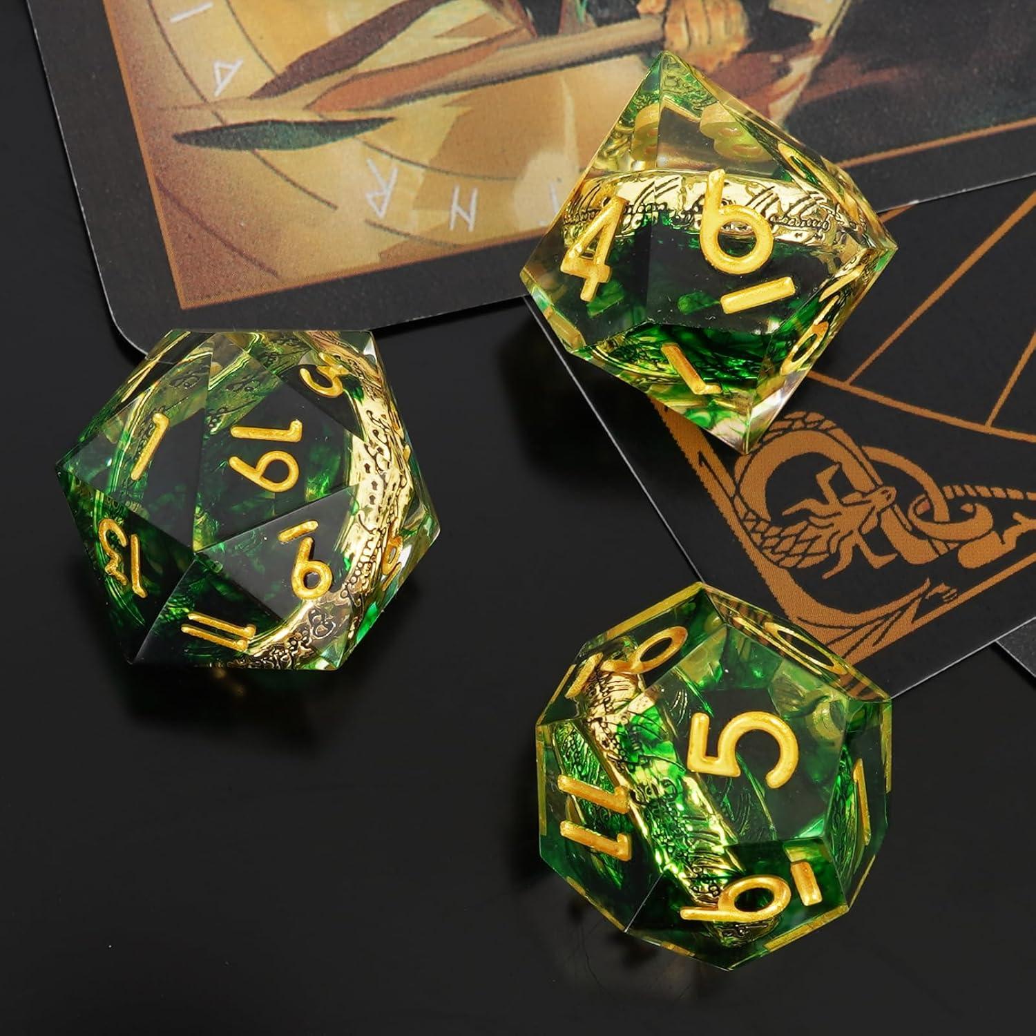 Conjunto de Dados Poliedricos EZUO 7pcs Verde Anillo Dorado