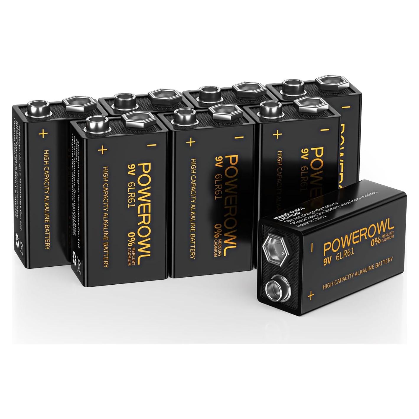 Baterías Alcalinas 9V POWEROWL 8 Piezas Duraderas