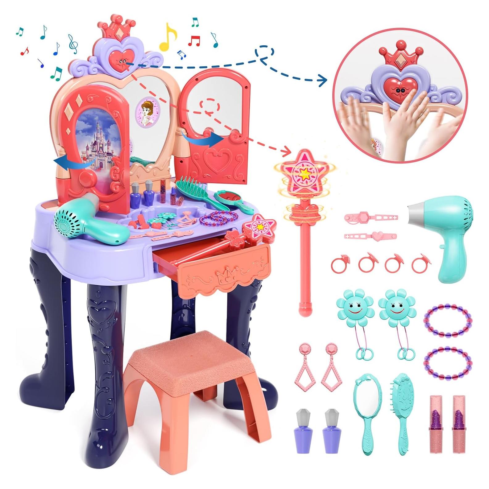 Mesa de Maquillaje Infantil Diario Lindo con Espejo y Luz