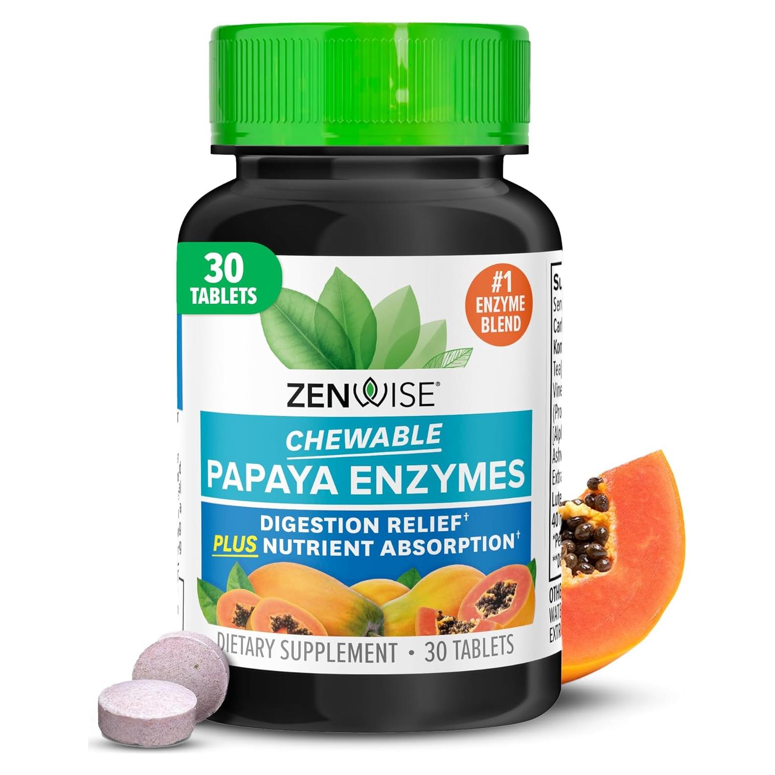 Enzimas Masticables de Papaya Zenwise - 30 Tabletas Digestivas