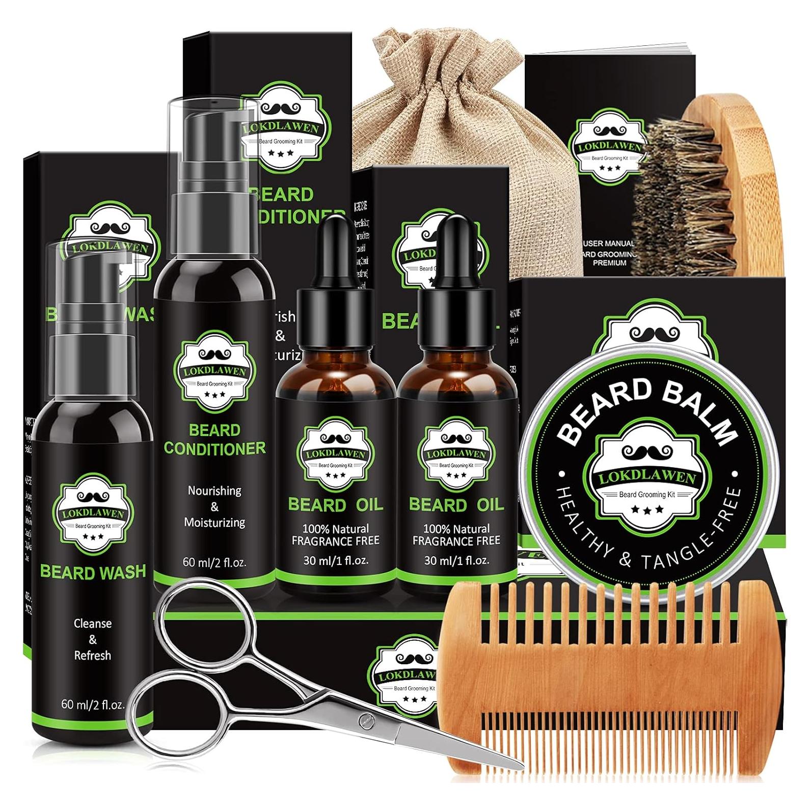 Kit de Cuidado de Barba 10 en 1 LOKDLAWEN con Jabón, Aceite y Tijeras