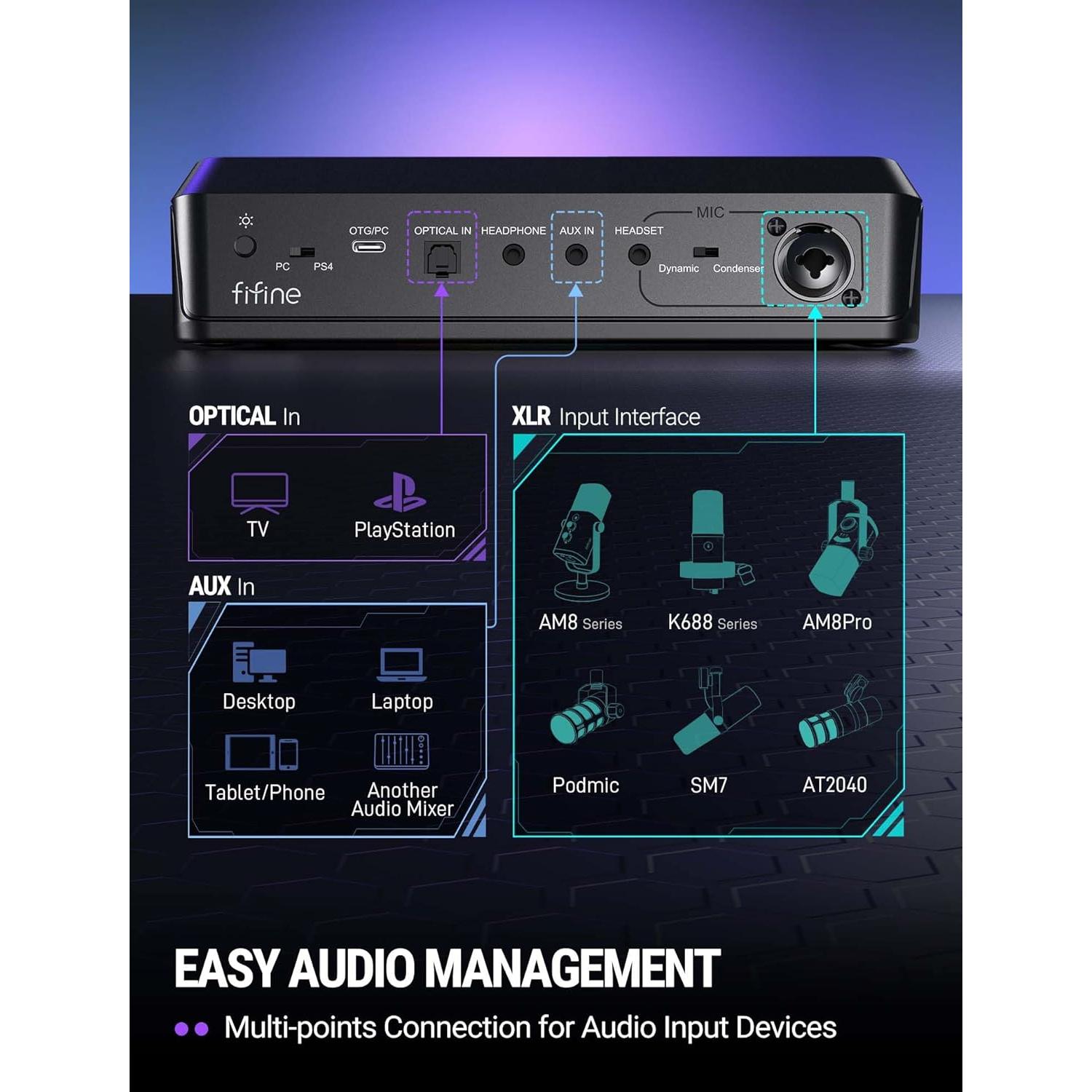 Mezclador de Audio Gaming Fifine SC8 - 7.1 Surround, RGB, XLR