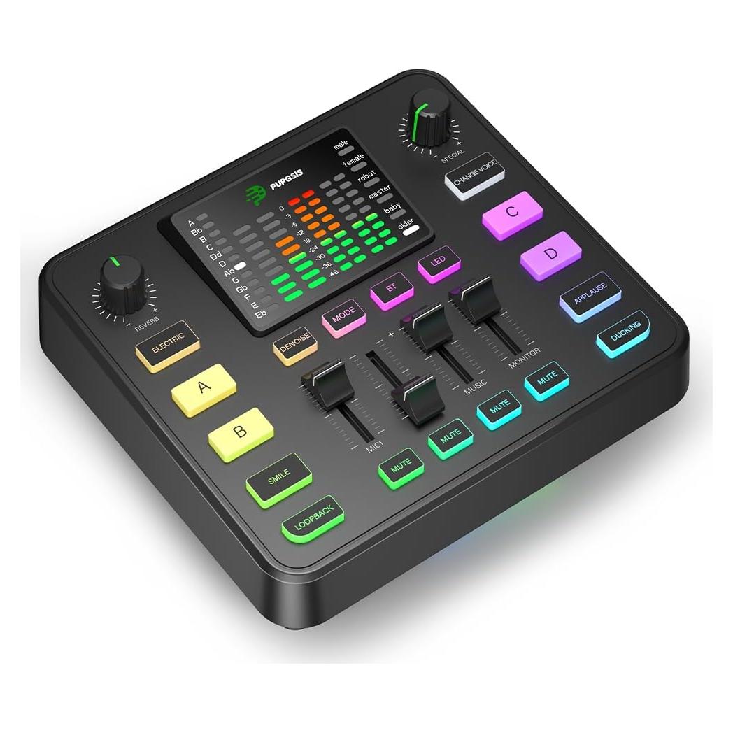 Mezclador de Audio Gaming Pupgsis T12S-B, Cancelación de Ruido, RGB