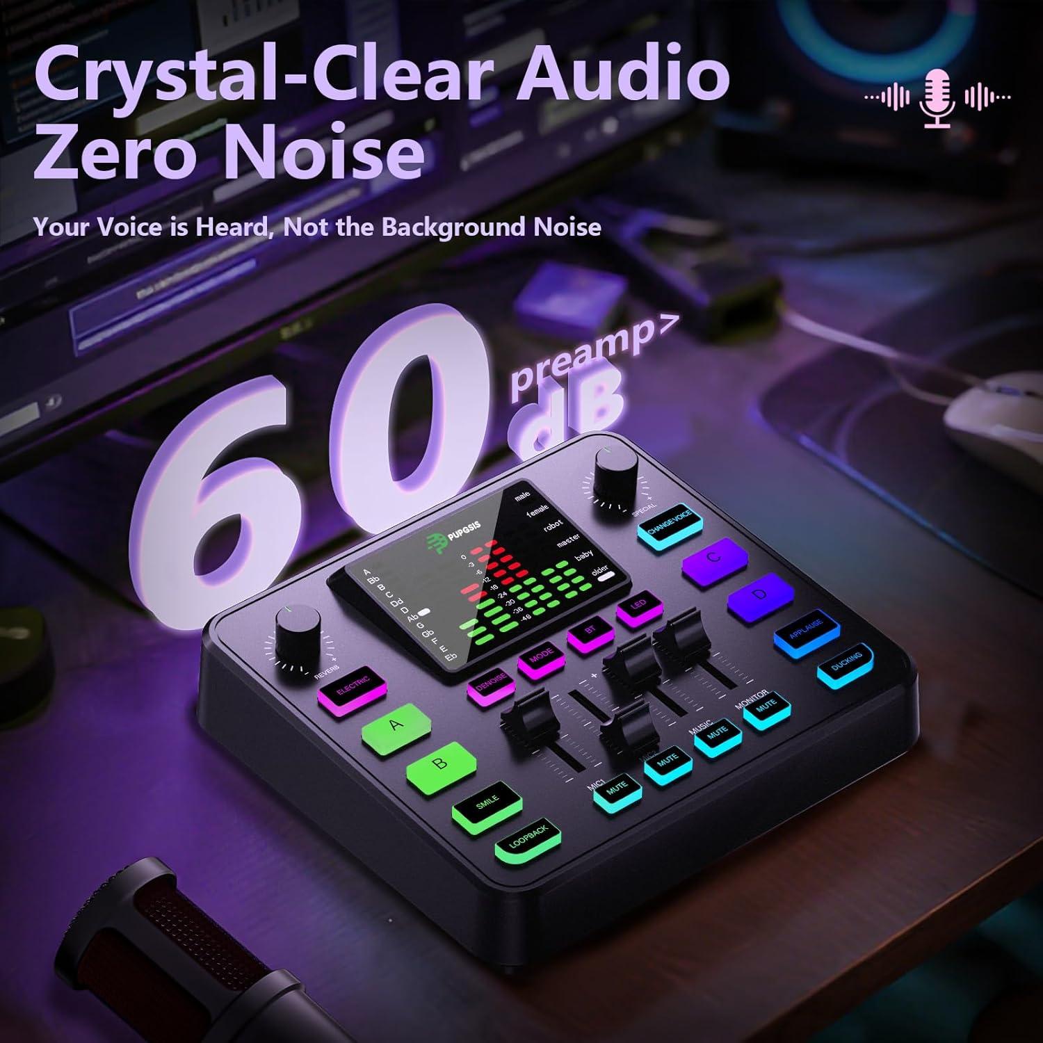 Mezclador de Audio Gaming Pupgsis T12S-B, Cancelación de Ruido, RGB